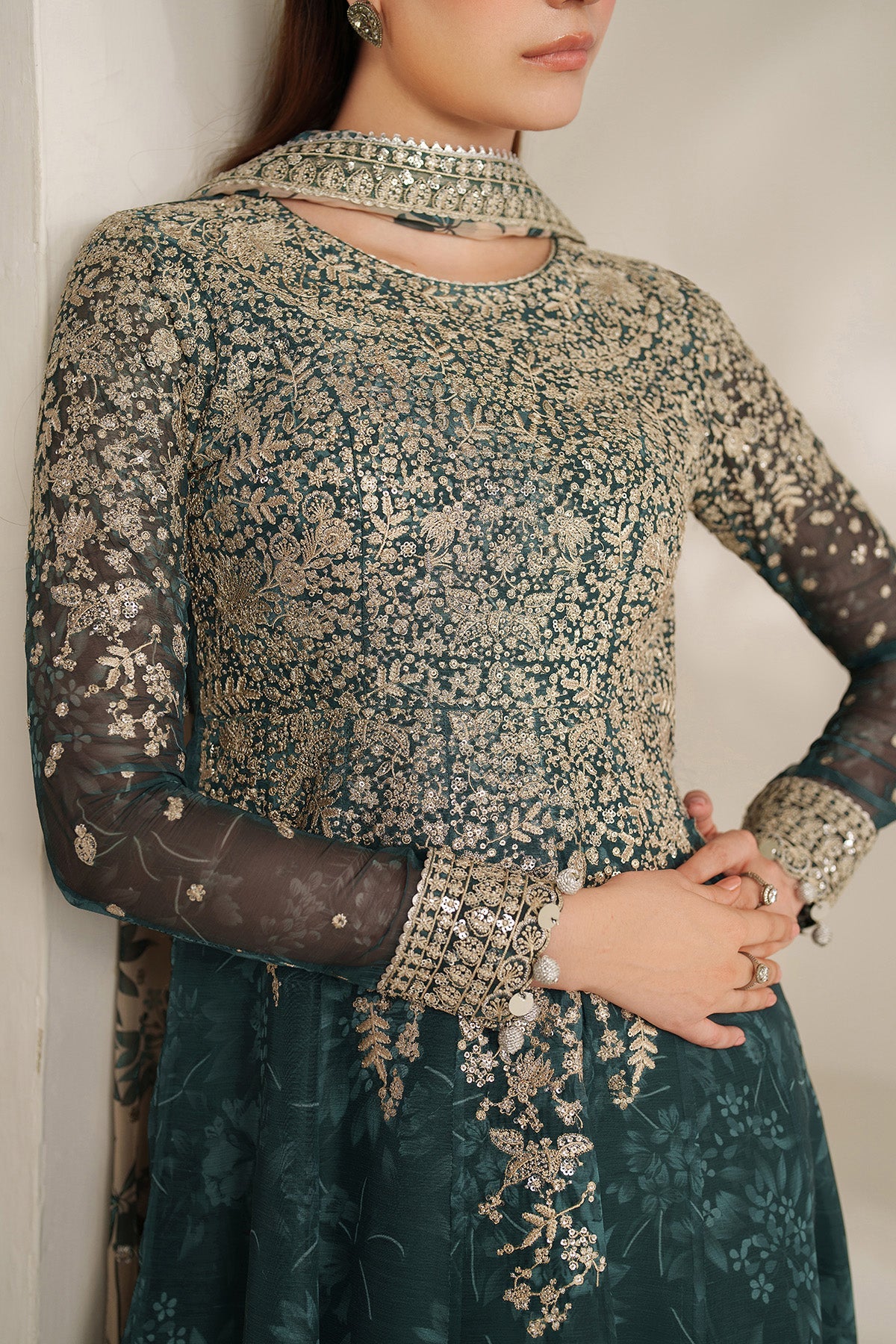Women Wearing EMBROIDERED CHIFFON UC-3108 Sea Green Frock for Wedding Events - Pakistani Designer Wear for Women in UK | Kifat