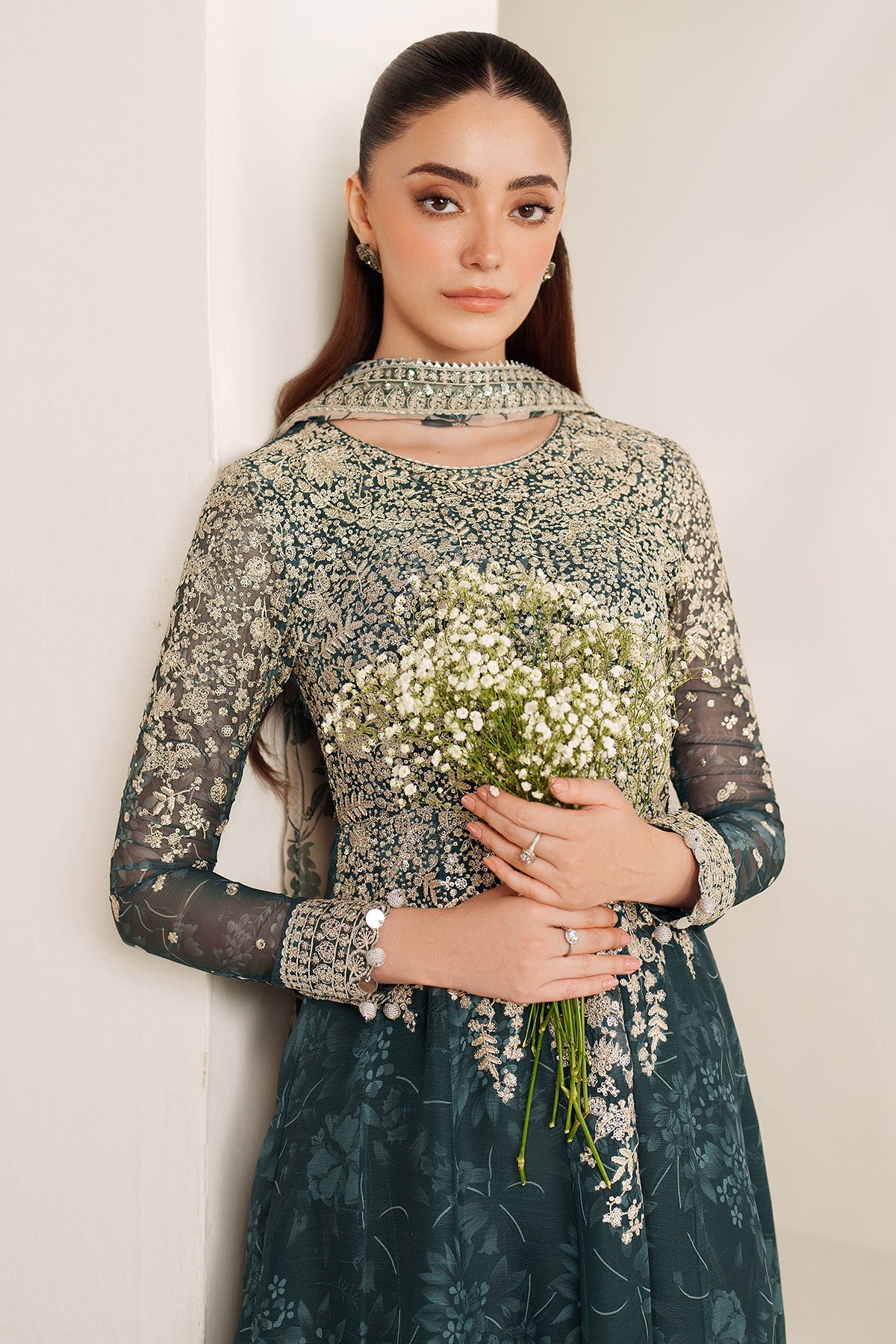 Women Wearing EMBROIDERED CHIFFON UC-3108 Sea Green Frock for Wedding Events - Pakistani Designer Wear for Women in UK | Kifat