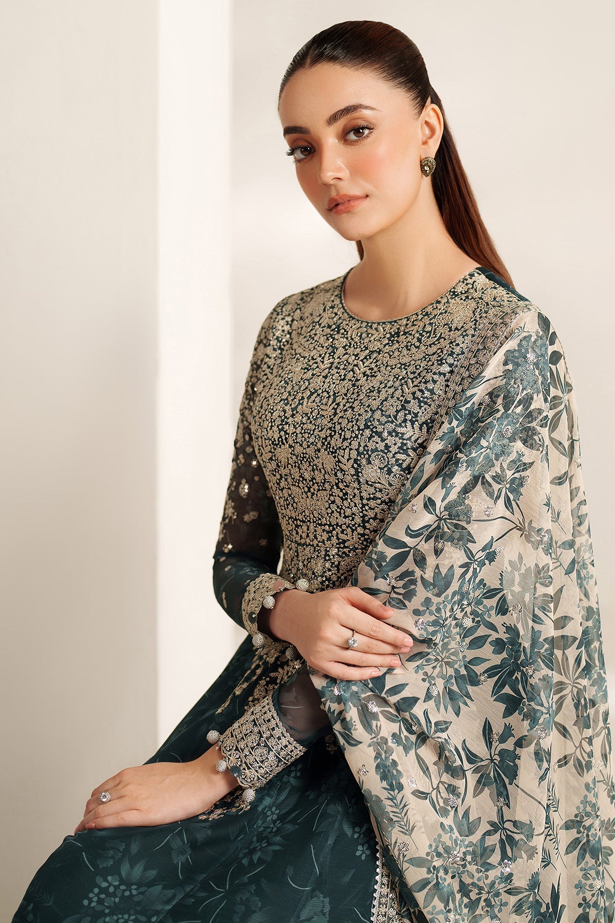 Women Wearing EMBROIDERED CHIFFON UC-3108 Sea Green Frock for Wedding Events - Pakistani Designer Wear for Women in UK | Kifat