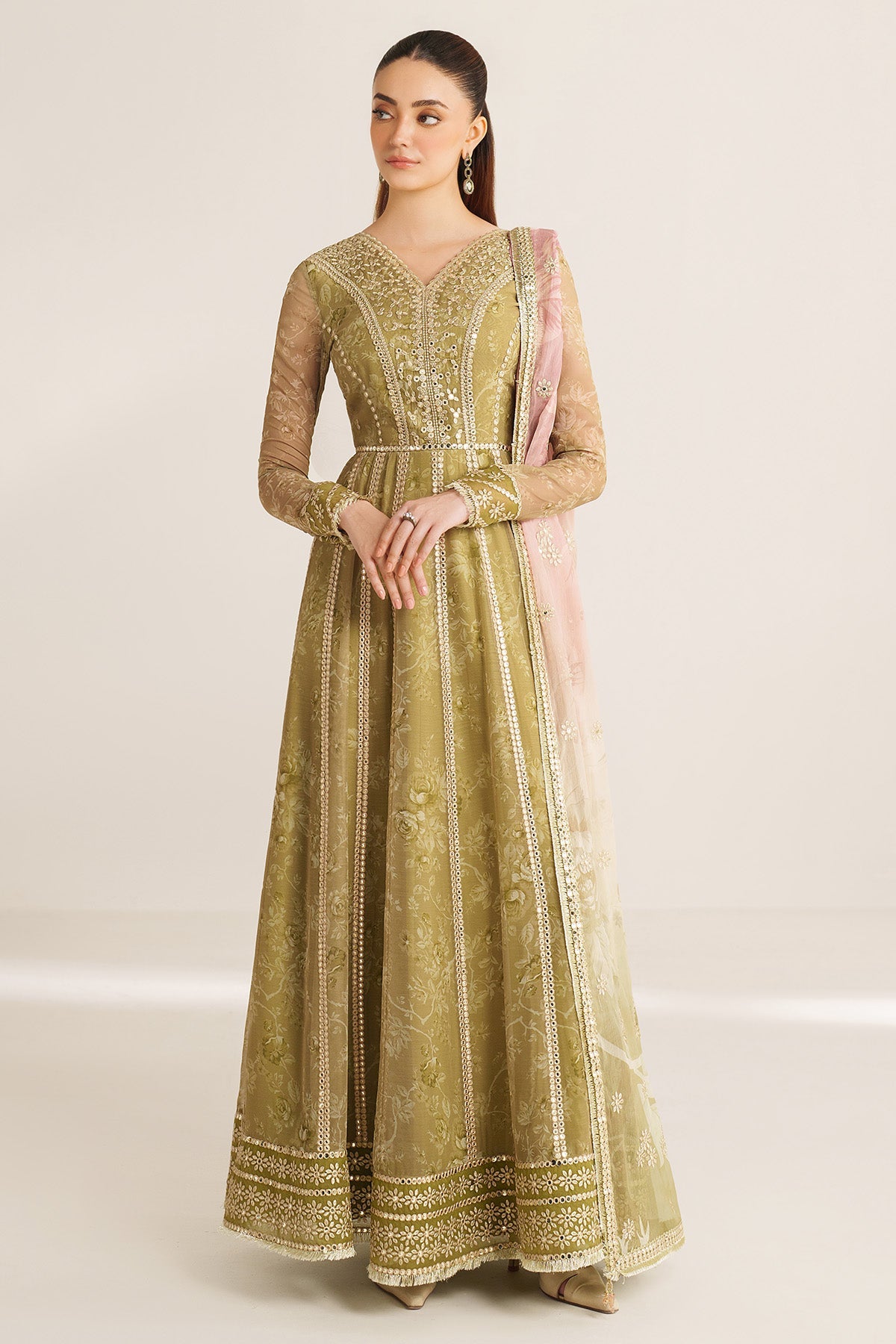 Women Wearing EMBROIDERED CHIFFON UC-3089 Yellow Frock for Wedding Events - Pakistani Designer Wear for Women in UK | Kifat