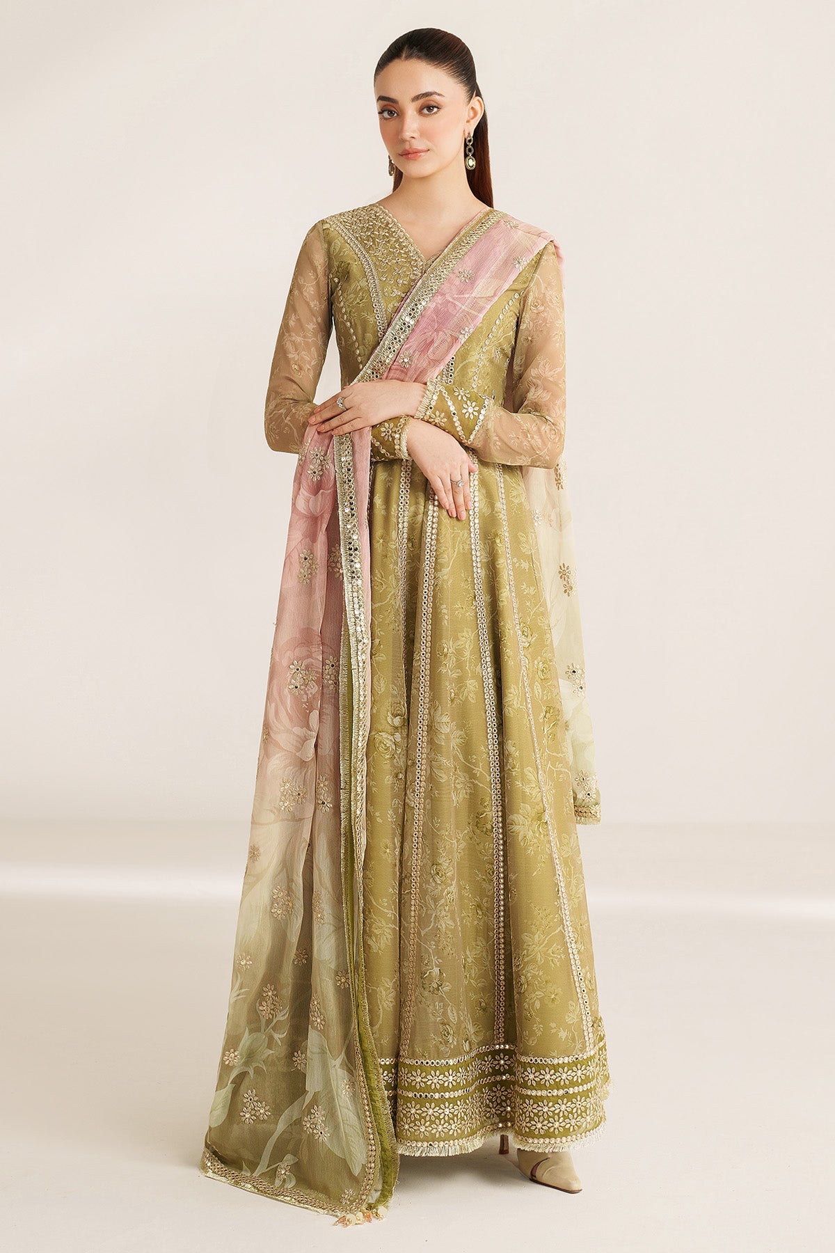 Women Wearing EMBROIDERED CHIFFON UC-3089 Yellow Frock for Wedding Events - Pakistani Designer Wear for Women in UK | Kifat