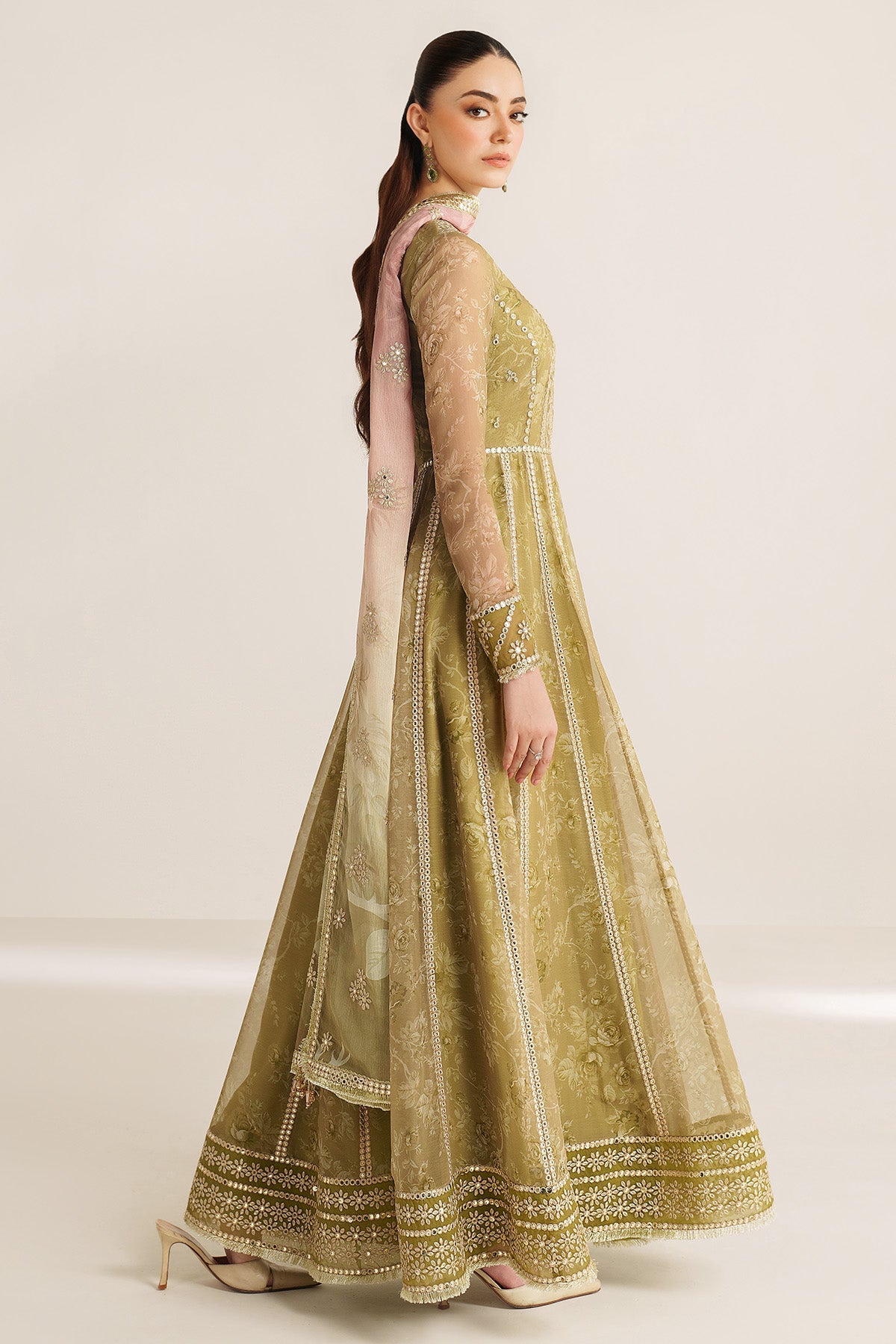 Women Wearing EMBROIDERED CHIFFON UC-3089 Yellow Frock for Wedding Events - Pakistani Designer Wear for Women in UK | Kifat