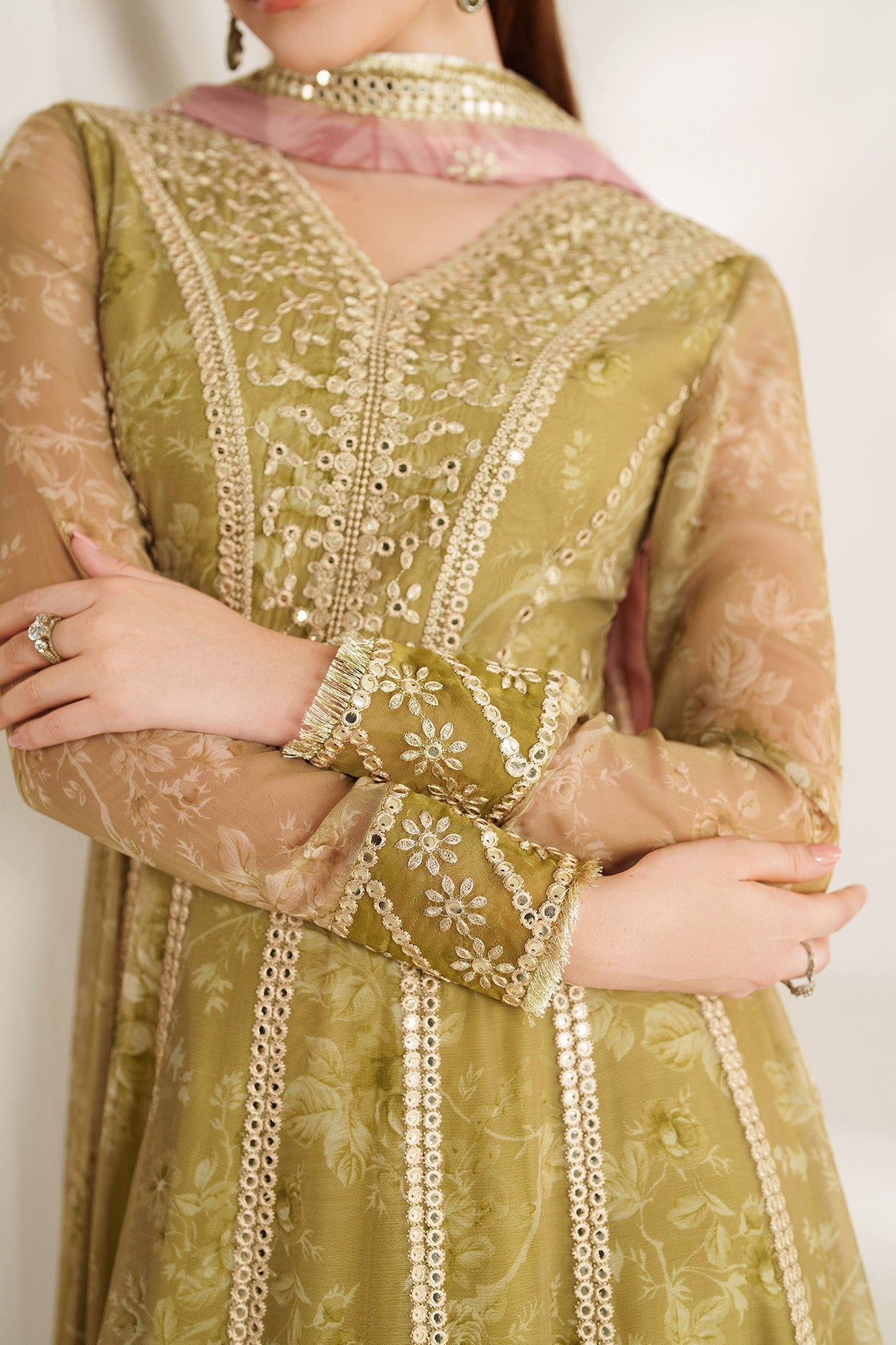 Women Wearing EMBROIDERED CHIFFON UC-3089 Yellow Frock for Wedding Events - Pakistani Designer Wear for Women in UK | Kifat