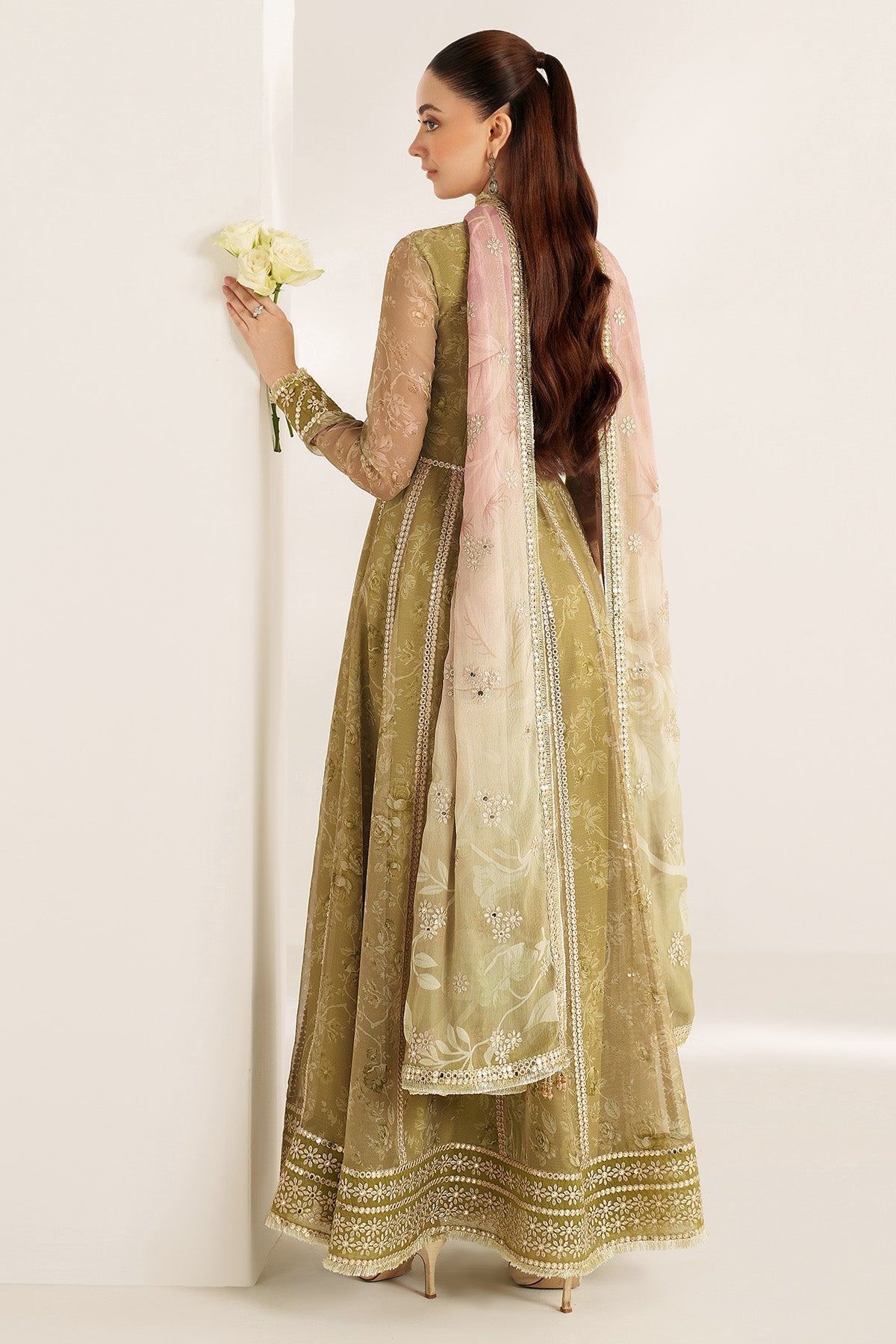 Women Wearing EMBROIDERED CHIFFON UC-3089 Yellow Frock for Wedding Events - Pakistani Designer Wear for Women in UK | Kifat