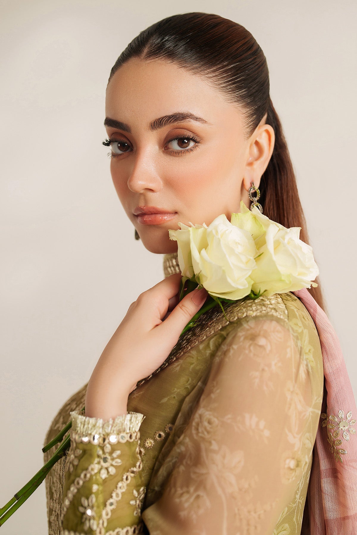 Women Wearing EMBROIDERED CHIFFON UC-3089 Yellow Frock for Wedding Events - Pakistani Designer Wear for Women in UK | Kifat