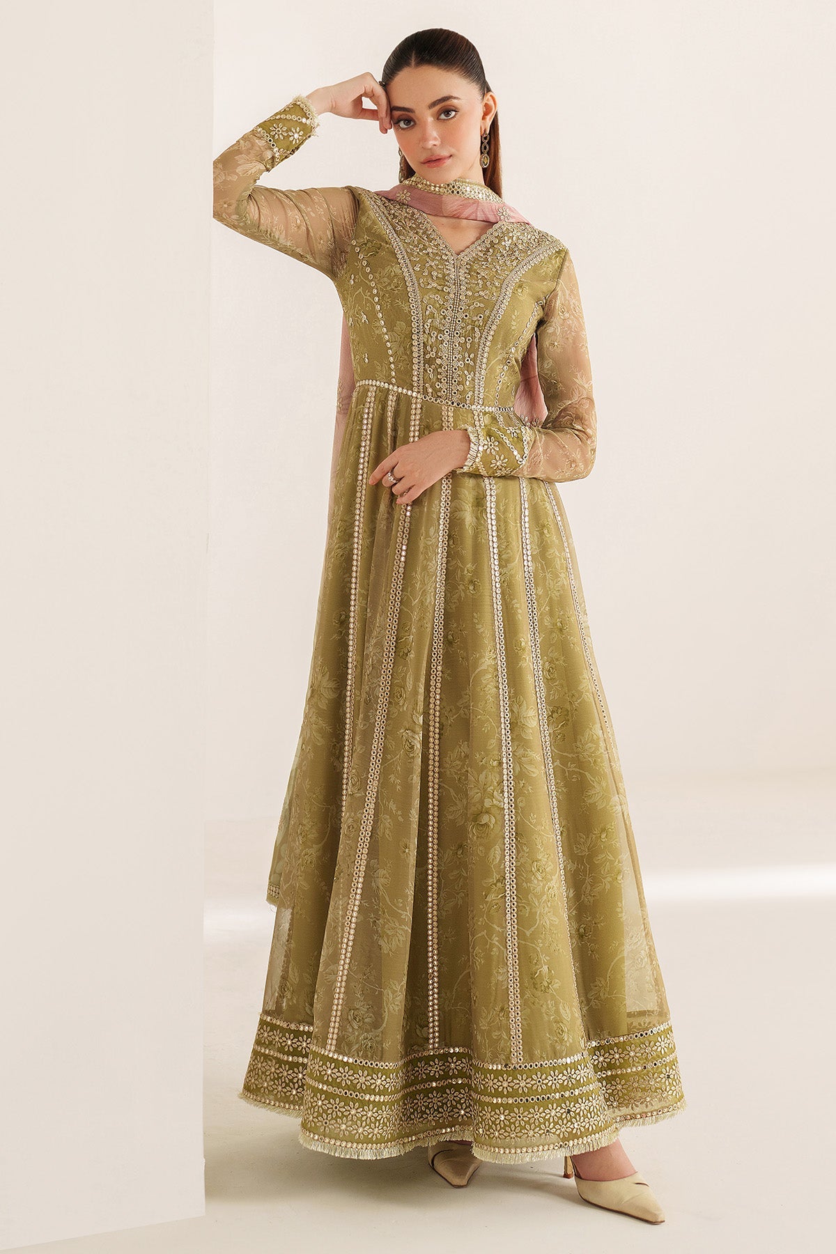 Women Wearing EMBROIDERED CHIFFON UC-3089 Yellow Frock for Wedding Events - Pakistani Designer Wear for Women in UK | Kifat