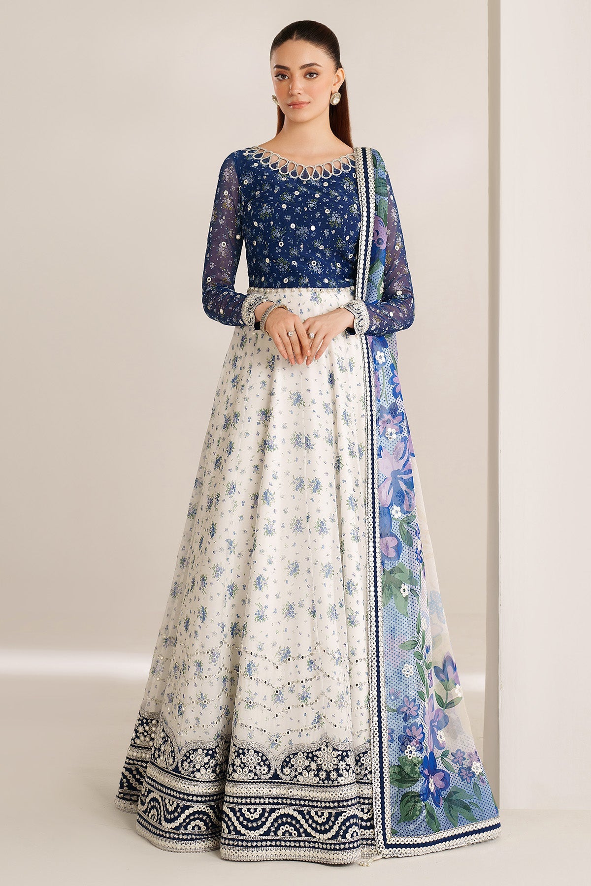 Women Wearing EMBROIDERED CHIFFON UC-3106 White Blue Frock for Wedding Events - Pakistani Designer Wear for Women in UK | Kifat