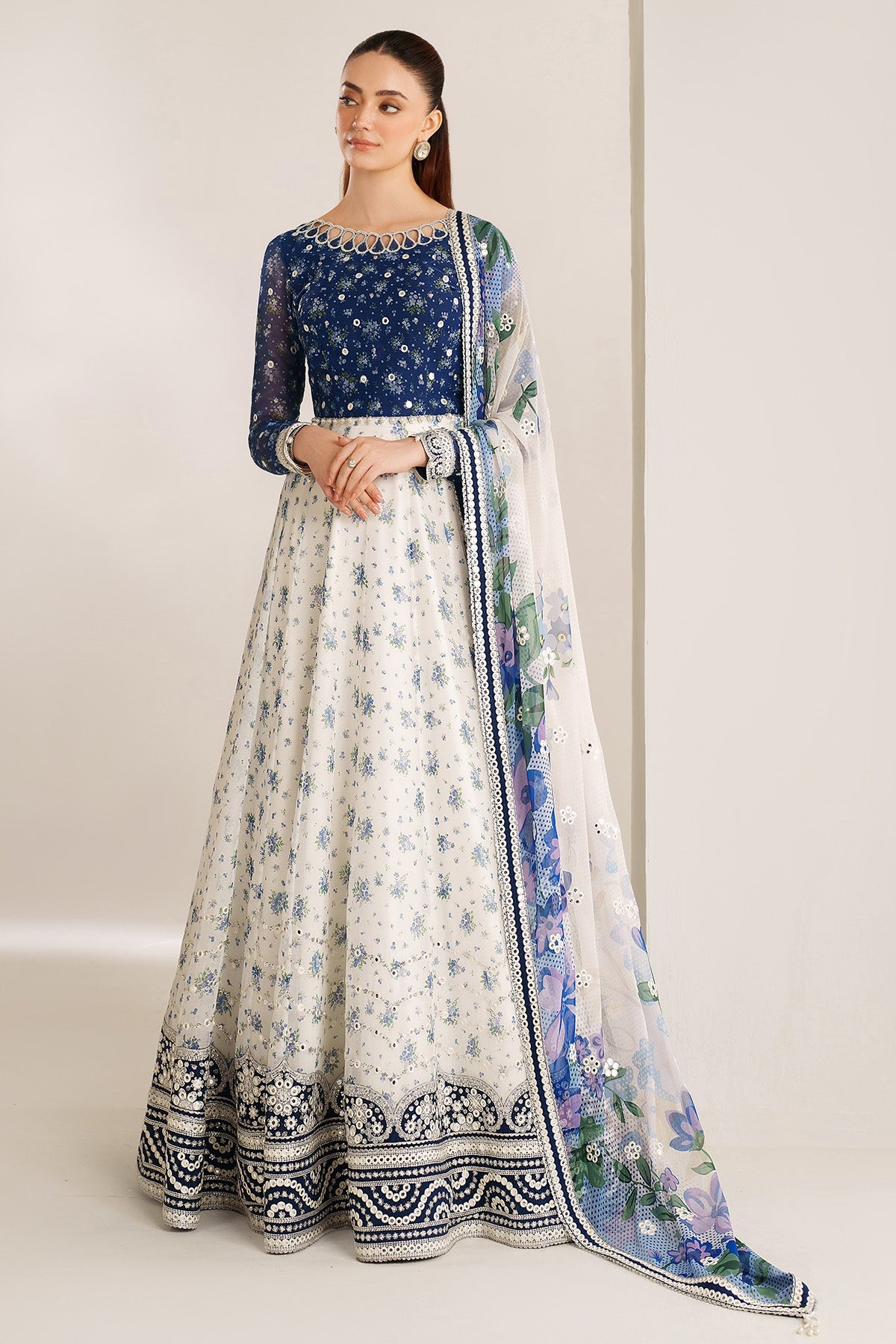 Women Wearing EMBROIDERED CHIFFON UC-3106 White Blue Frock for Wedding Events - Pakistani Designer Wear for Women in UK | Kifat