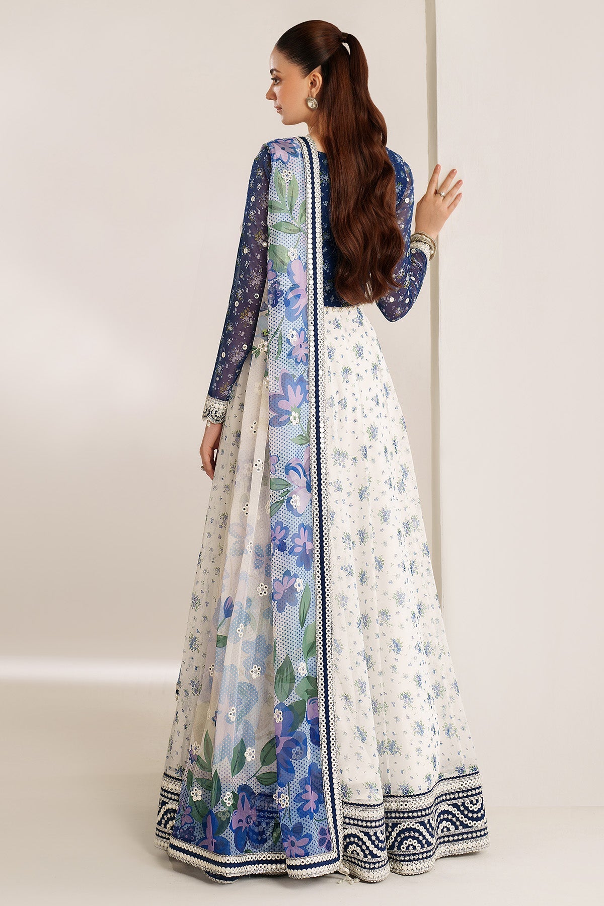Women Wearing EMBROIDERED CHIFFON UC-3106 White Blue Frock for Wedding Events - Pakistani Designer Wear for Women in UK | Kifat