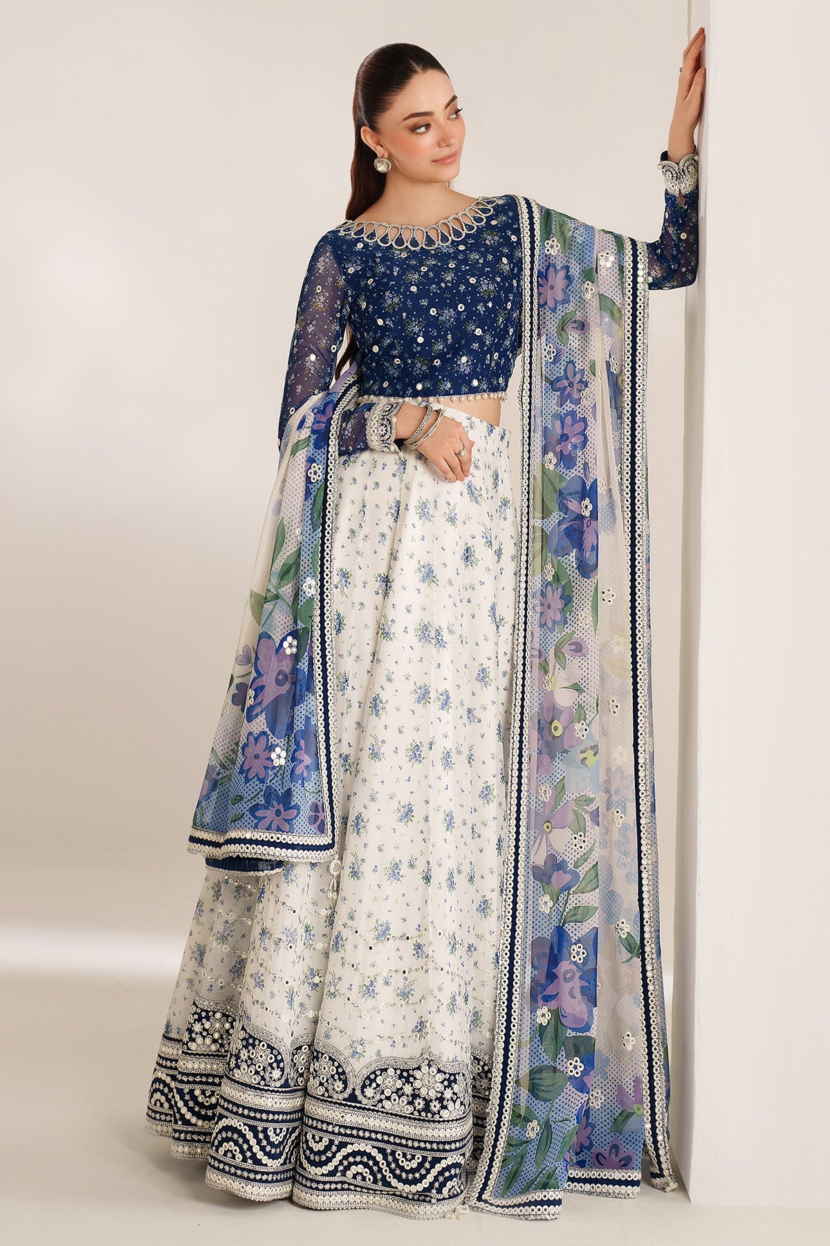 Women Wearing EMBROIDERED CHIFFON UC-3106 White Blue Frock for Wedding Events - Pakistani Designer Wear for Women in UK | Kifat