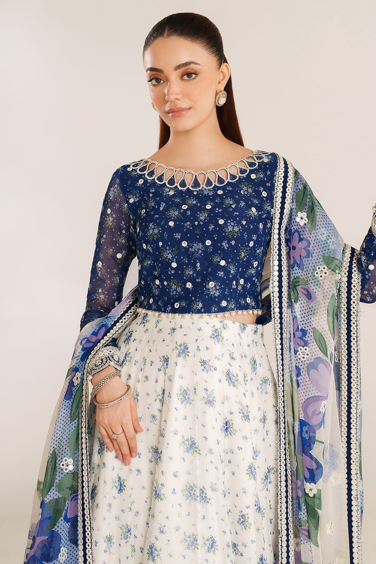 Women Wearing EMBROIDERED CHIFFON UC-3106 White Blue Frock for Wedding Events - Pakistani Designer Wear for Women in UK | Kifat