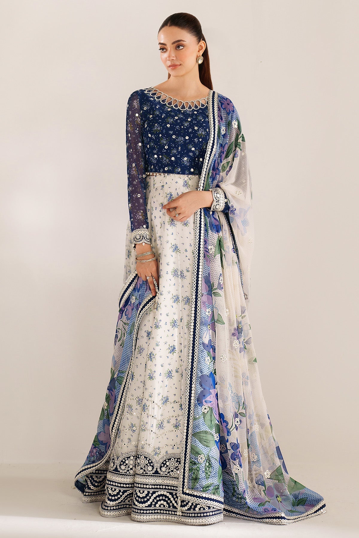 Women Wearing EMBROIDERED CHIFFON UC-3106 White Blue Frock for Wedding Events - Pakistani Designer Wear for Women in UK | Kifat
