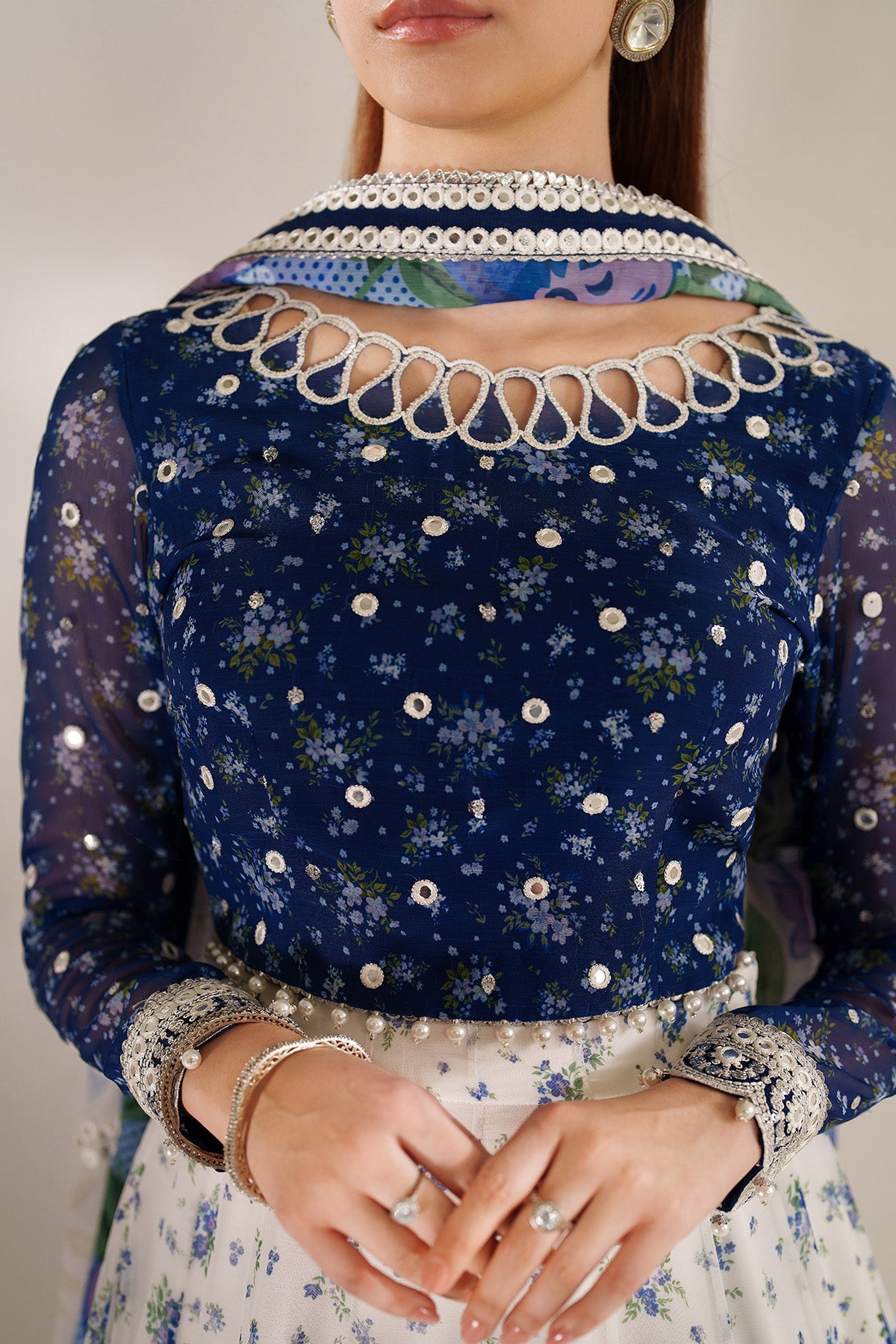 Women Wearing EMBROIDERED CHIFFON UC-3106 White Blue Frock for Wedding Events - Pakistani Designer Wear for Women in UK | Kifat