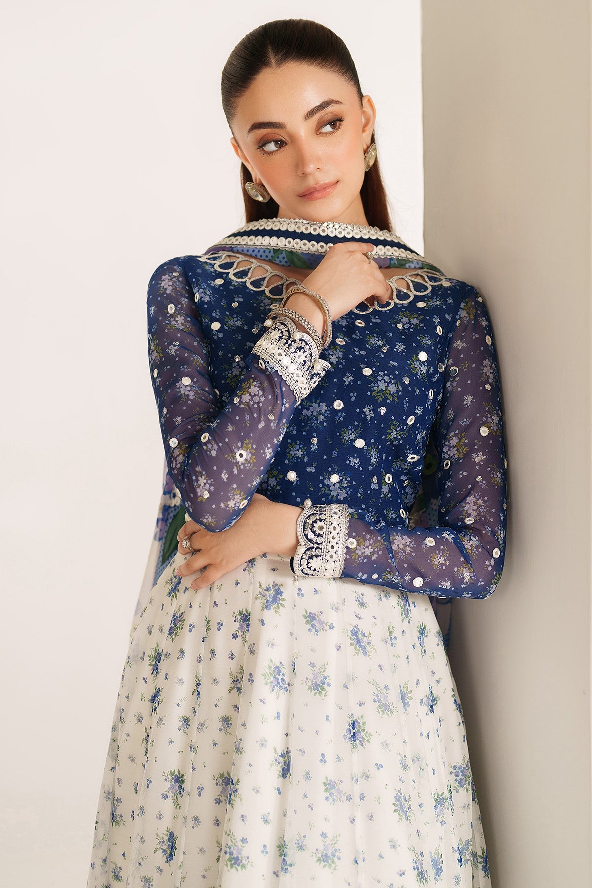 Women Wearing EMBROIDERED CHIFFON UC-3106 White Blue Frock for Wedding Events - Pakistani Designer Wear for Women in UK | Kifat