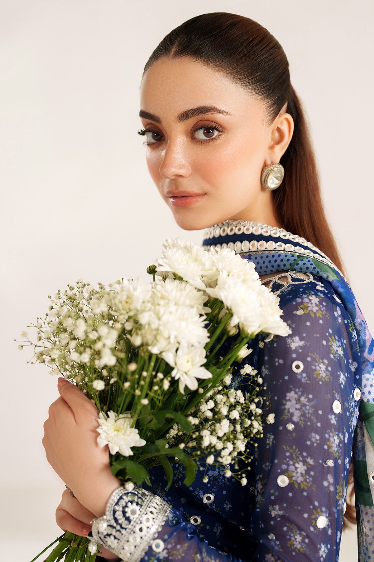 Women Wearing EMBROIDERED CHIFFON UC-3106 White Blue Frock for Wedding Events - Pakistani Designer Wear for Women in UK | Kifat