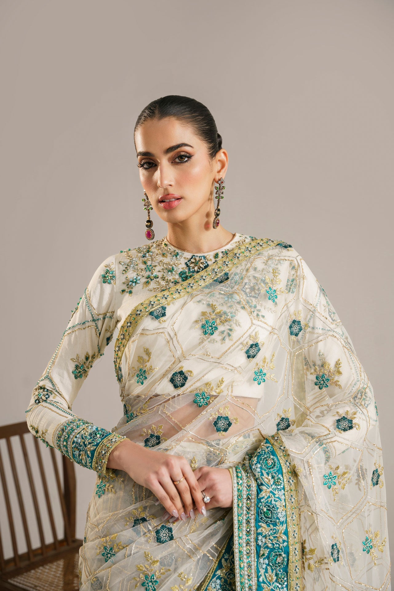Women Wearing Atika White Saree For Formals Events - Pakistani Designer Wear For Women In UK | Kifat