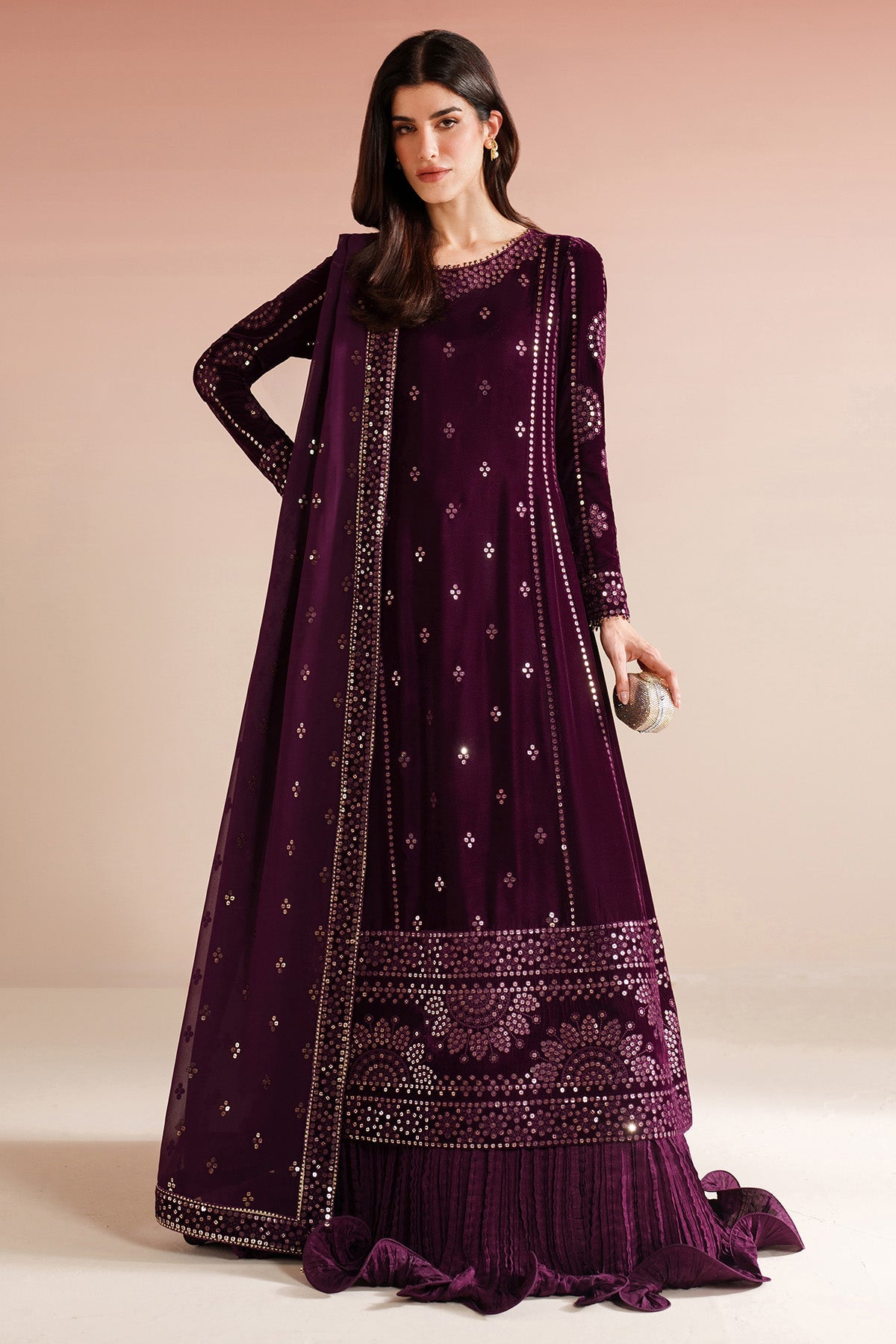 Women Wearing Embroidered Velvet Formal VVF D-1 Plum Long Shirt with Sharara for Wedding Events - Pakistani Designer Wear for Women in UK | Kifat
