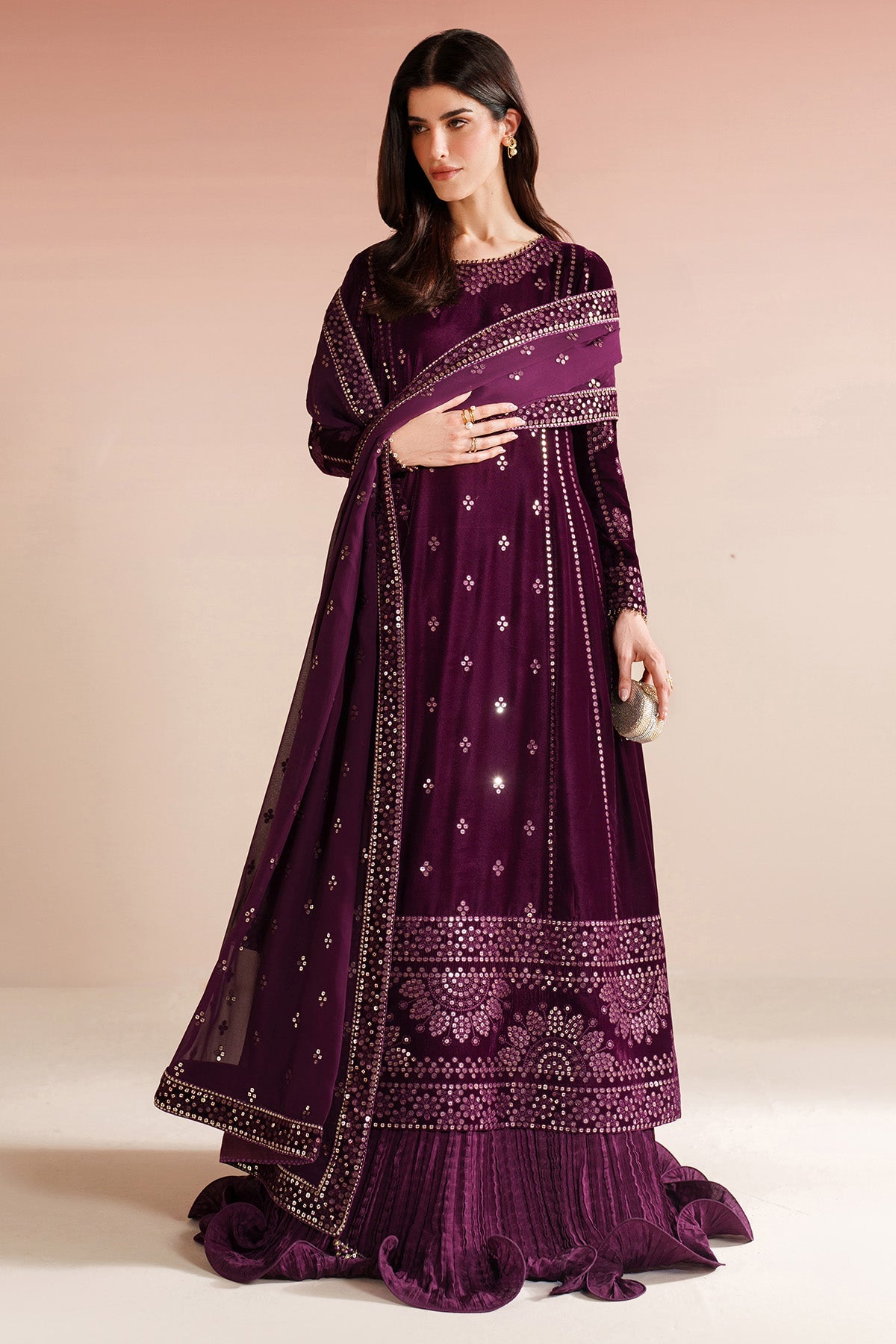 Women Wearing Embroidered Velvet Formal VVF D-1 Plum Long Shirt with Sharara for Wedding Events - Pakistani Designer Wear for Women in UK | Kifat