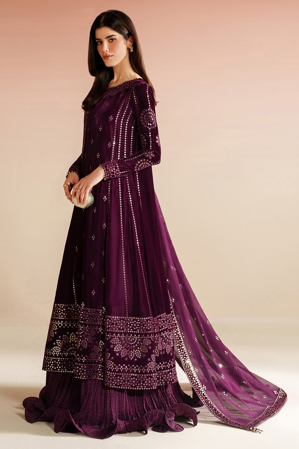 Women Wearing Embroidered Velvet Formal VVF D-1 Plum Long Shirt with Sharara for Wedding Events - Pakistani Designer Wear for Women in UK | Kifat