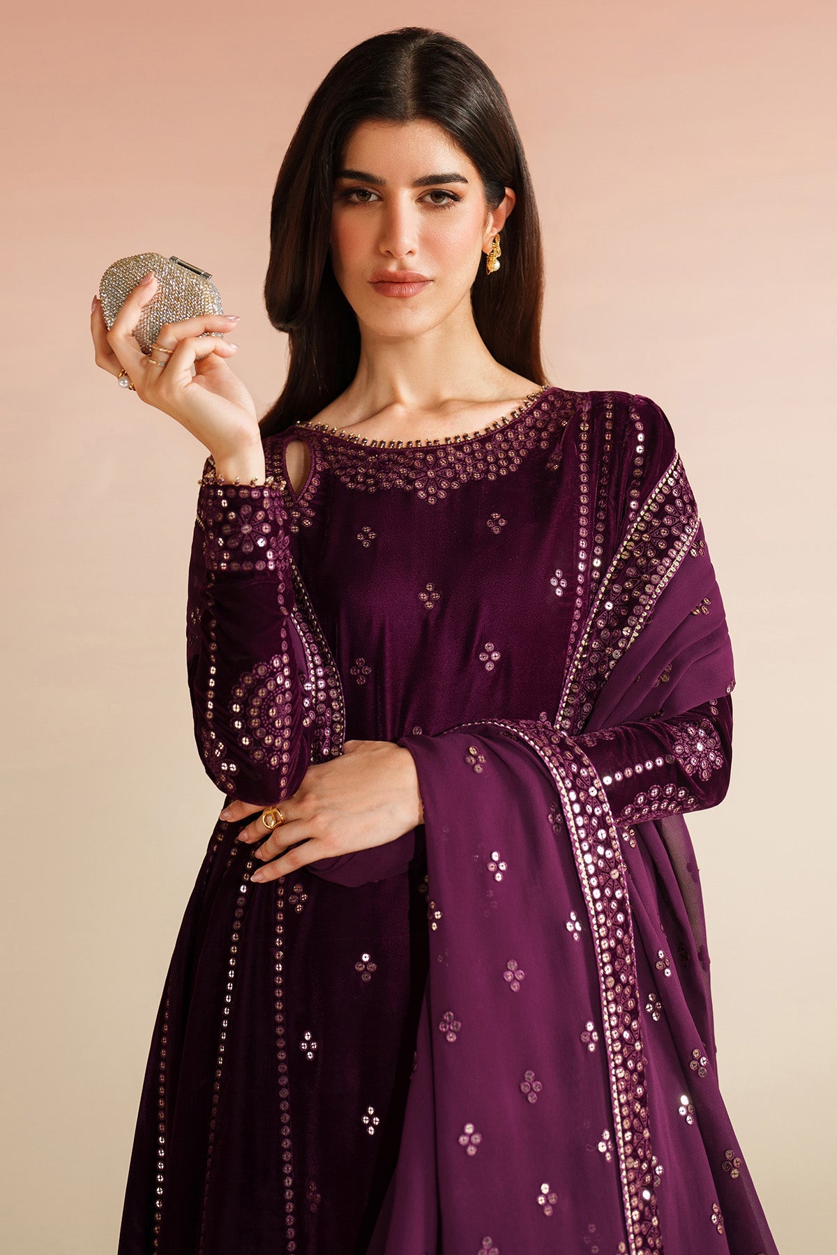 Women Wearing Embroidered Velvet Formal VVF D-1 Plum Long Shirt with Sharara for Wedding Events - Pakistani Designer Wear for Women in UK | Kifat