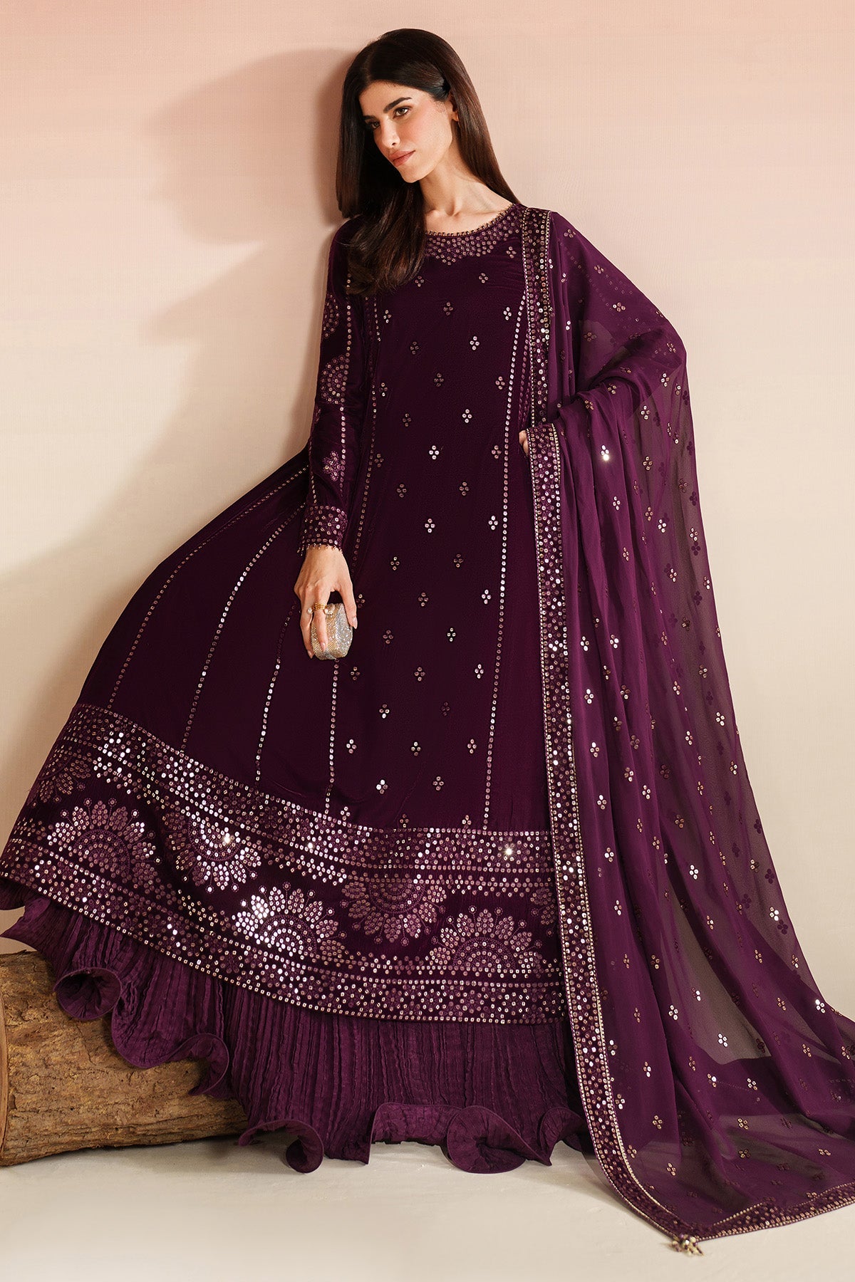 Women Wearing Embroidered Velvet Formal VVF D-1 Plum Long Shirt with Sharara for Wedding Events - Pakistani Designer Wear for Women in UK | Kifat