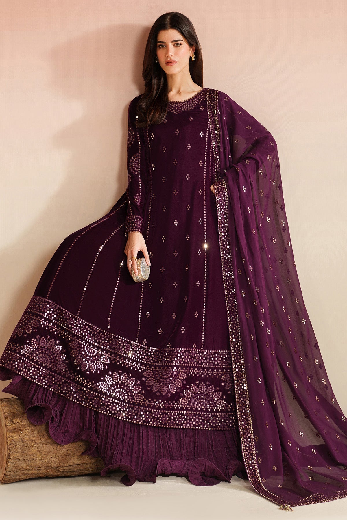 Women Wearing Embroidered Velvet Formal VVF D-1 Plum Long Shirt with Sharara for Wedding Events - Pakistani Designer Wear for Women in UK | Kifat