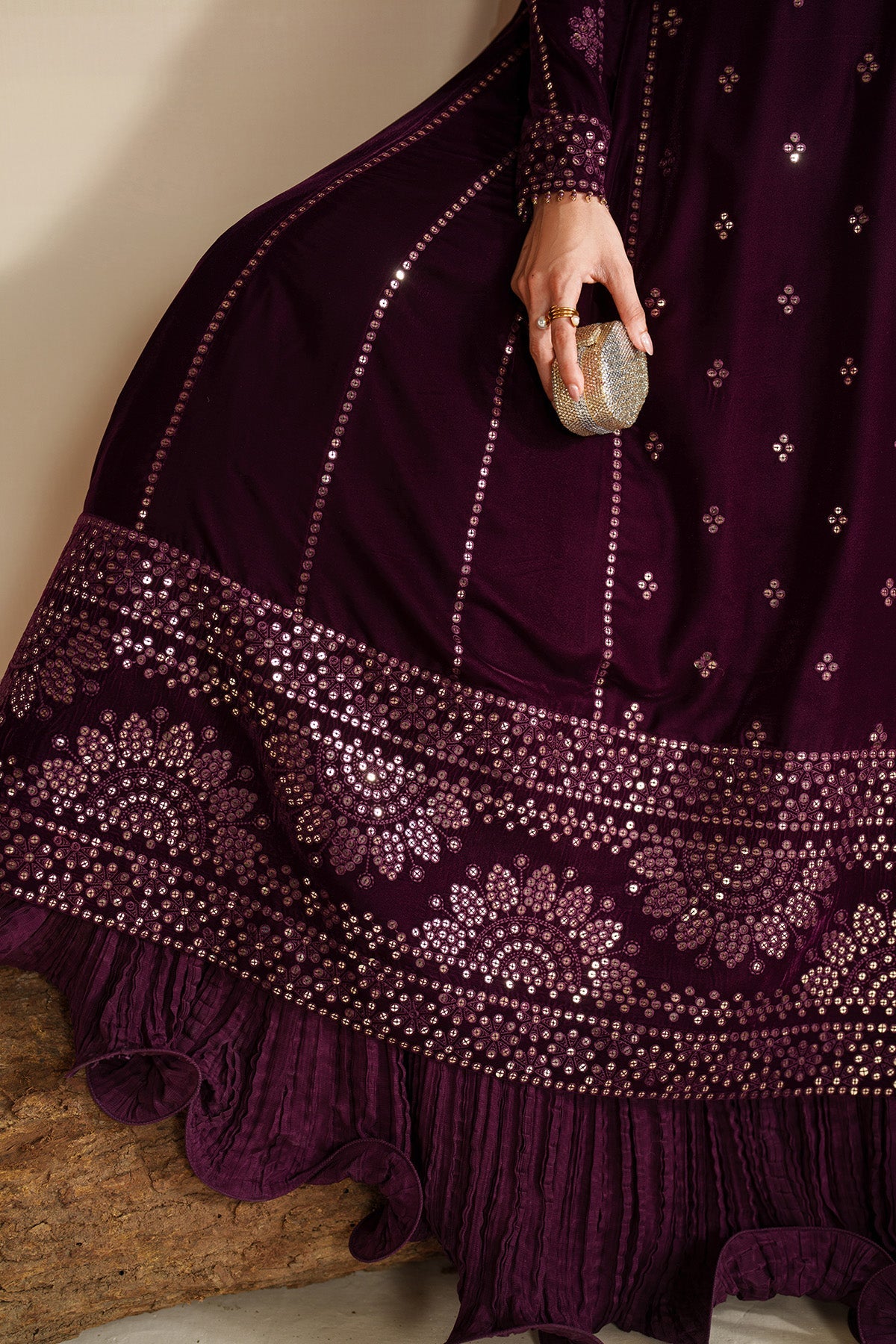 Women Wearing Embroidered Velvet Formal VVF D-1 Plum Long Shirt with Sharara for Wedding Events - Pakistani Designer Wear for Women in UK | Kifat