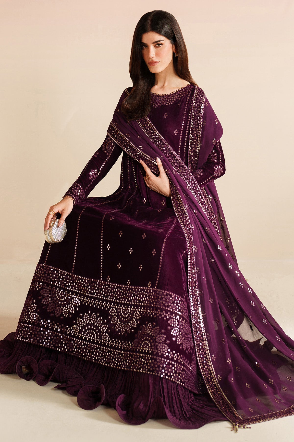 Women Wearing Embroidered Velvet Formal VVF D-1 Plum Long Shirt with Sharara for Wedding Events - Pakistani Designer Wear for Women in UK | Kifat