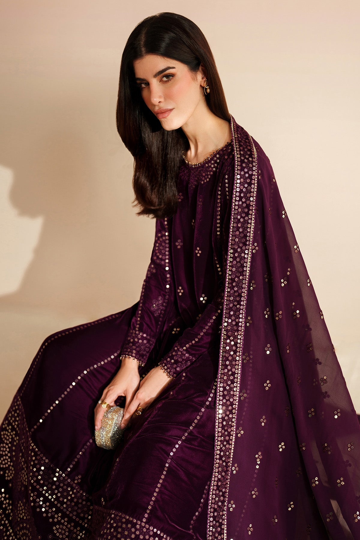 Women Wearing Embroidered Velvet Formal VVF D-1 Plum Long Shirt with Sharara for Wedding Events - Pakistani Designer Wear for Women in UK | Kifat