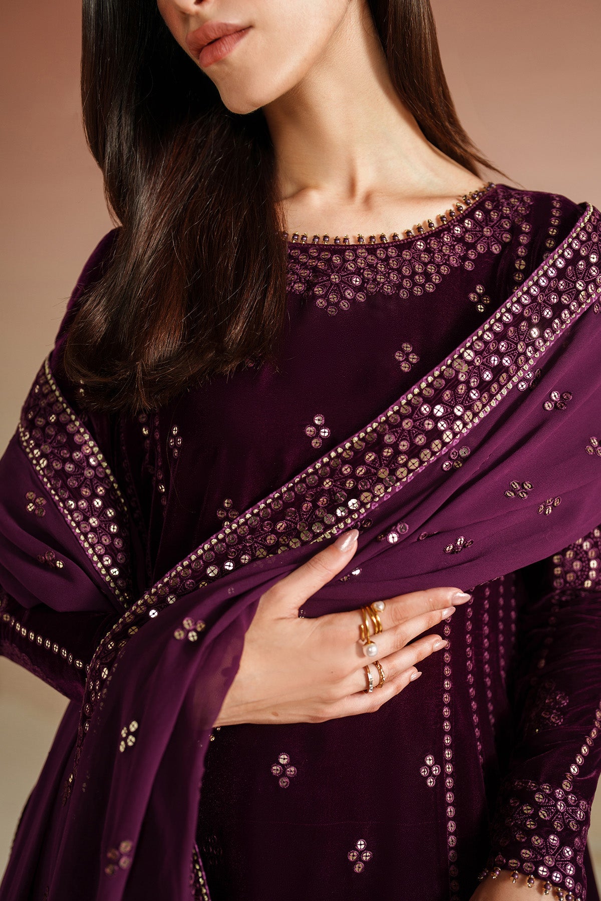 Women Wearing Embroidered Velvet Formal VVF D-1 Plum Long Shirt with Sharara for Wedding Events - Pakistani Designer Wear for Women in UK | Kifat