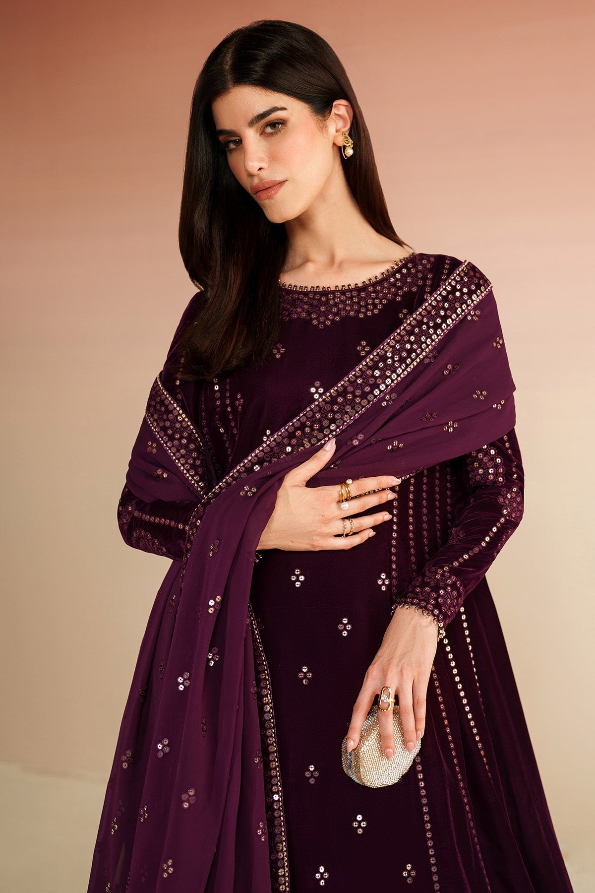 Women Wearing Embroidered Velvet Formal VVF D-1 Plum Long Shirt with Sharara for Wedding Events - Pakistani Designer Wear for Women in UK | Kifat