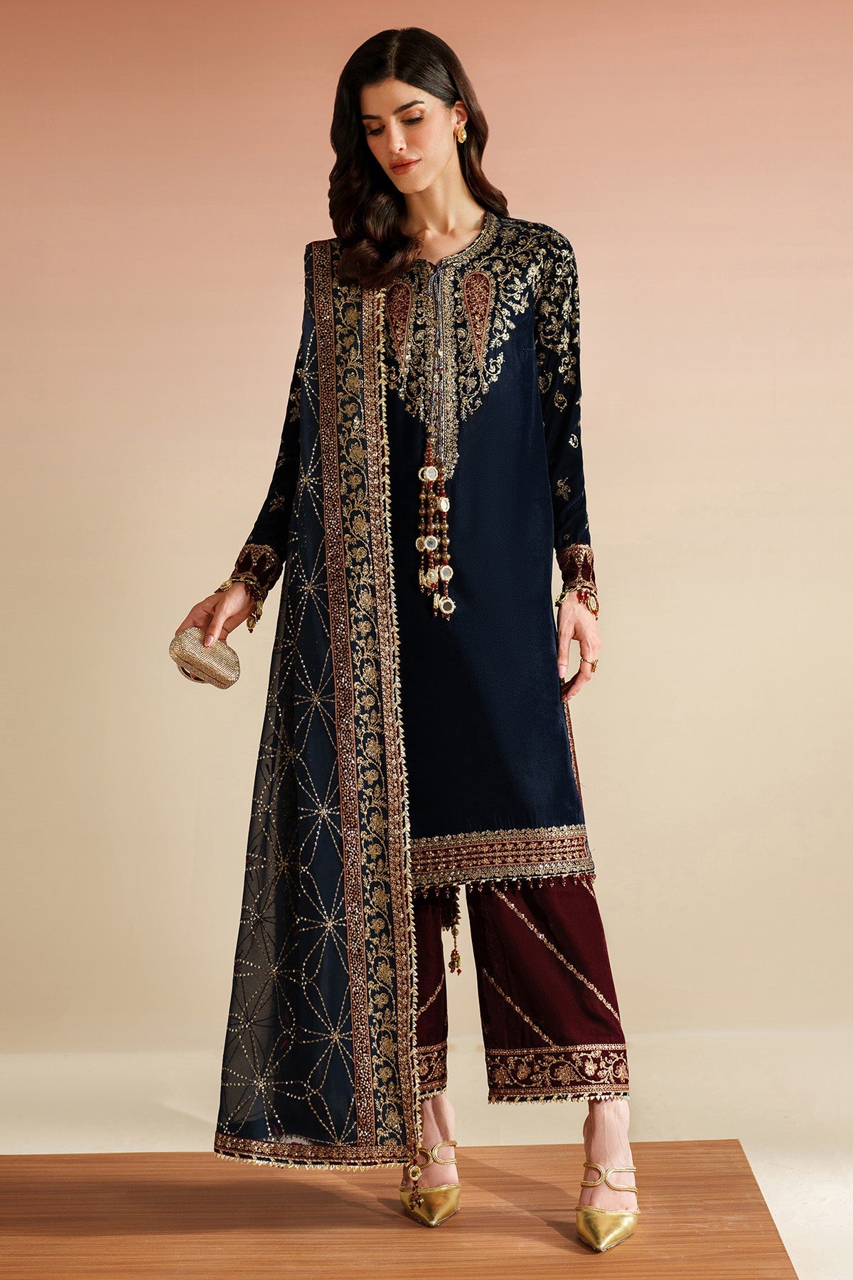 Women Wearing Embroidered Velvet Formal VVF D-7 Blue Red Long Shirt for Wedding Events - Pakistani Designer Wear for Women in UK | Kifat