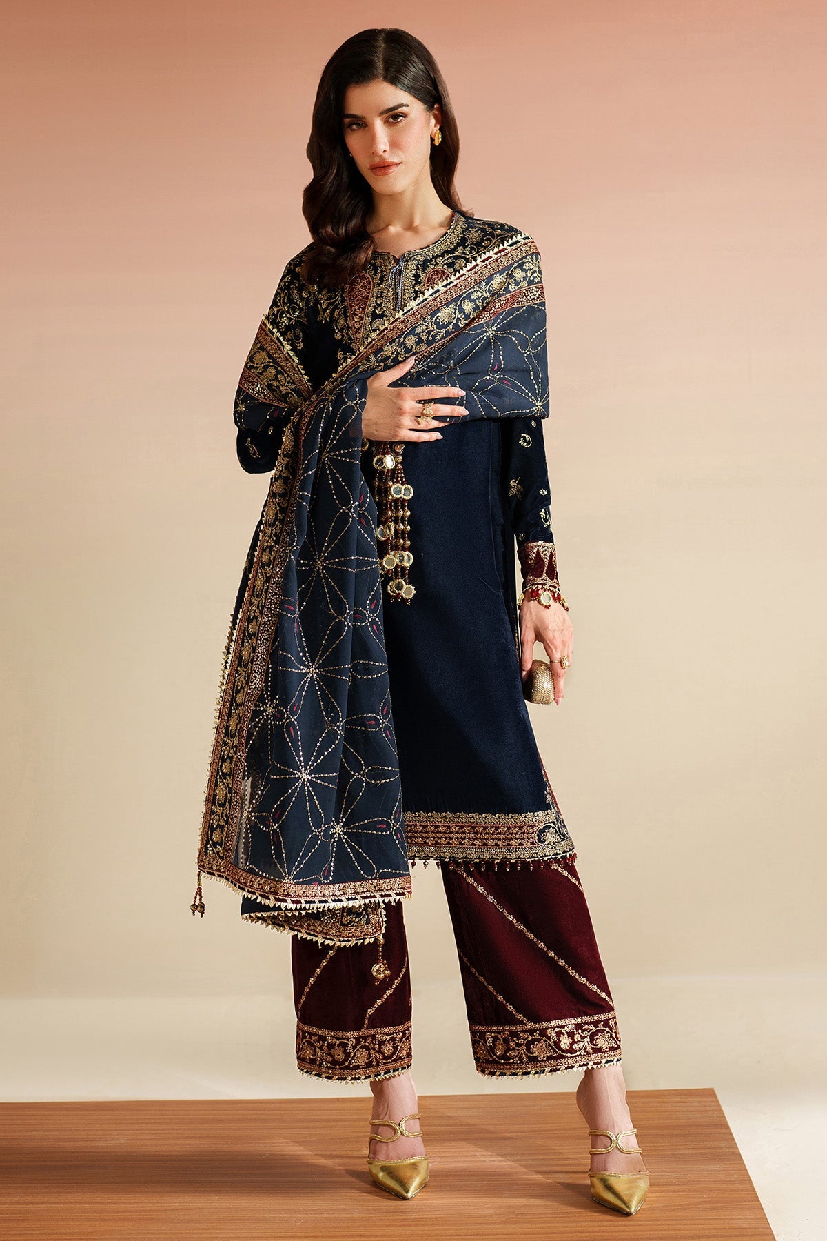 Women Wearing Embroidered Velvet Formal VVF D-7 Blue Red Long Shirt for Wedding Events - Pakistani Designer Wear for Women in UK | Kifat
