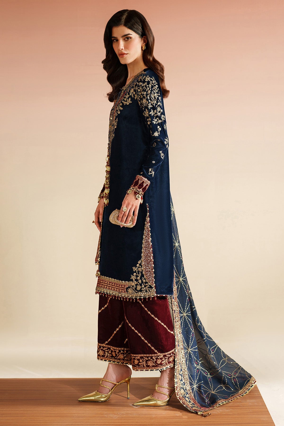 Women Wearing Embroidered Velvet Formal VVF D-7 Blue Red Long Shirt for Wedding Events - Pakistani Designer Wear for Women in UK | Kifat