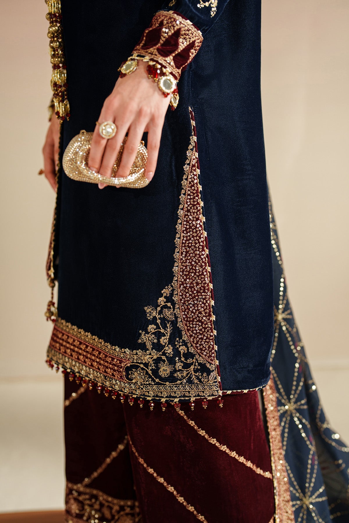Women Wearing Embroidered Velvet Formal VVF D-7 Blue Red Long Shirt for Wedding Events - Pakistani Designer Wear for Women in UK | Kifat