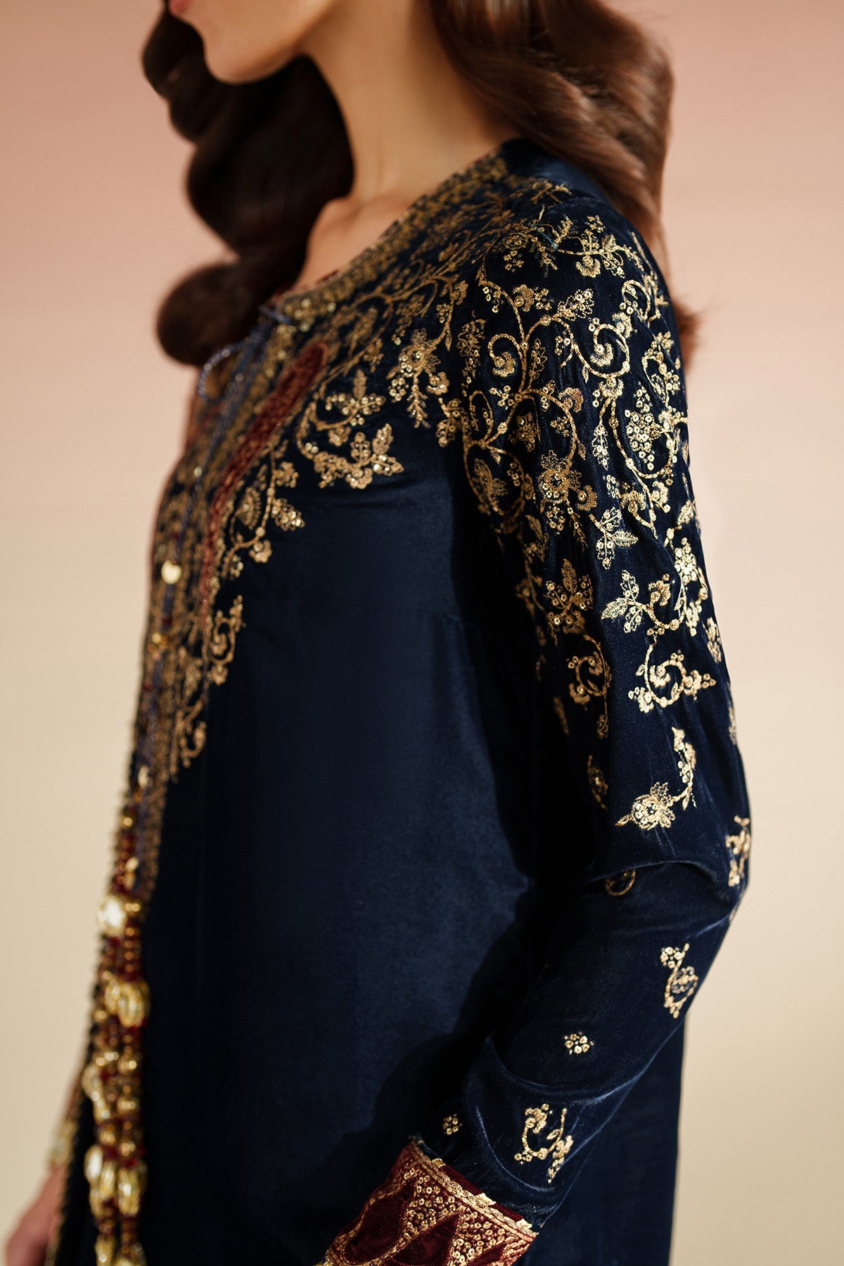 Women Wearing Embroidered Velvet Formal VVF D-7 Blue Red Long Shirt for Wedding Events - Pakistani Designer Wear for Women in UK | Kifat