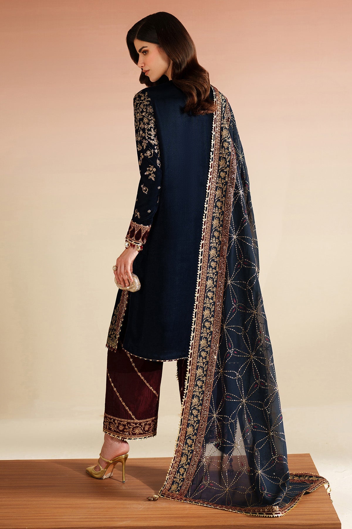 Women Wearing Embroidered Velvet Formal VVF D-7 Blue Red Long Shirt for Wedding Events - Pakistani Designer Wear for Women in UK | Kifat