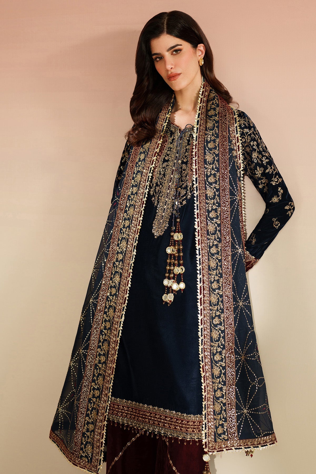 Women Wearing Embroidered Velvet Formal VVF D-7 Blue Red Long Shirt for Wedding Events - Pakistani Designer Wear for Women in UK | Kifat