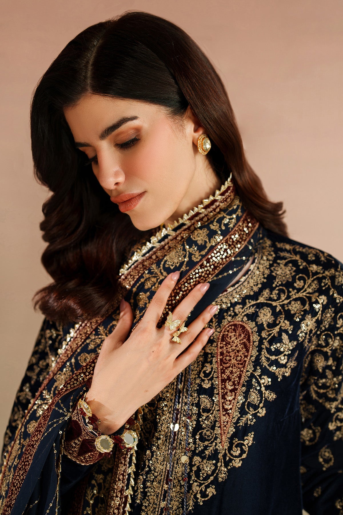 Women Wearing Embroidered Velvet Formal VVF D-7 Blue Red Long Shirt for Wedding Events - Pakistani Designer Wear for Women in UK | Kifat