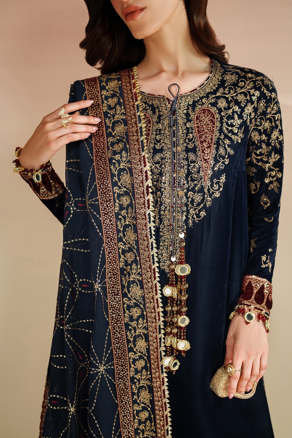 Women Wearing Embroidered Velvet Formal VVF D-7 Blue Red Long Shirt for Wedding Events - Pakistani Designer Wear for Women in UK | Kifat