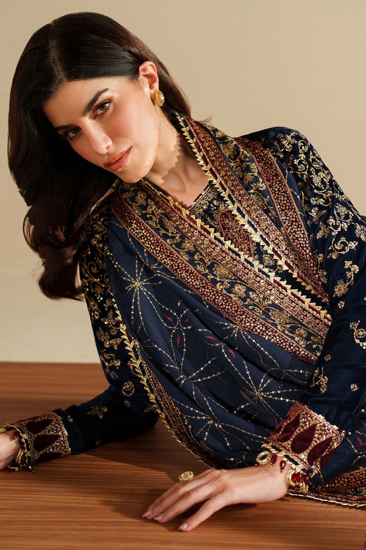 Women Wearing Embroidered Velvet Formal VVF D-7 Blue Red Long Shirt for Wedding Events - Pakistani Designer Wear for Women in UK | Kifat