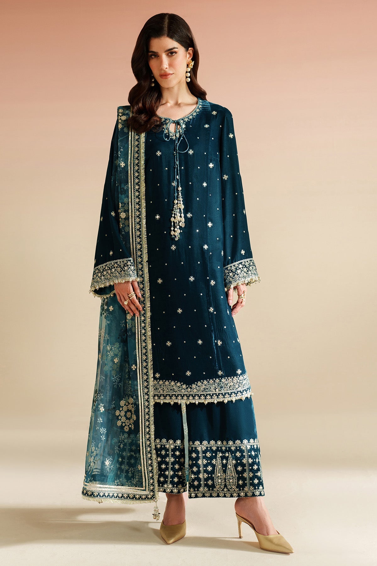 Women Wearing Embroidered Velvet Formal VVF D-2 Teal Long Shirt for Wedding Events - Pakistani Designer Wear for Women in UK | Kifat