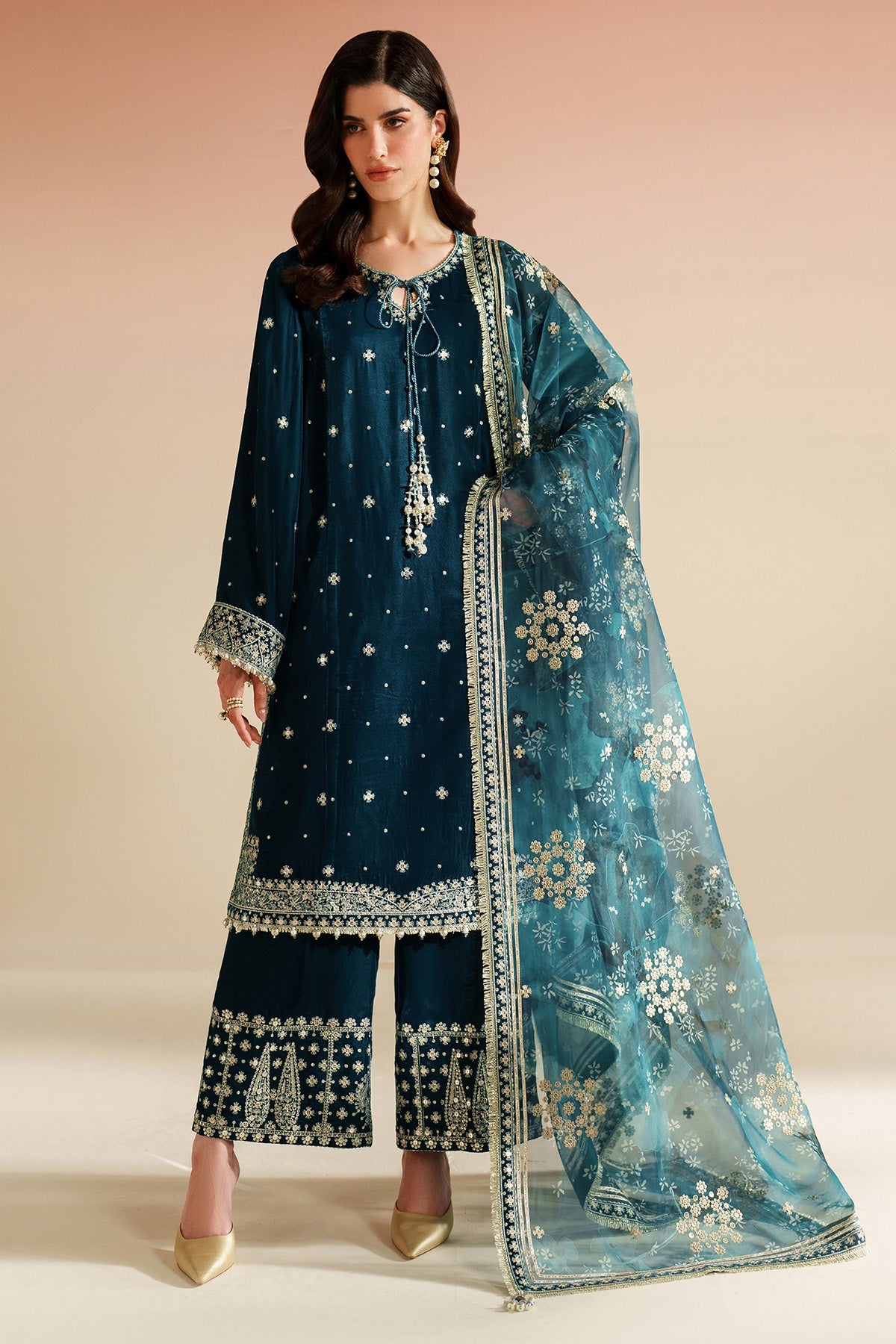 Women Wearing Embroidered Velvet Formal VVF D-2 Teal Long Shirt for Wedding Events - Pakistani Designer Wear for Women in UK | Kifat