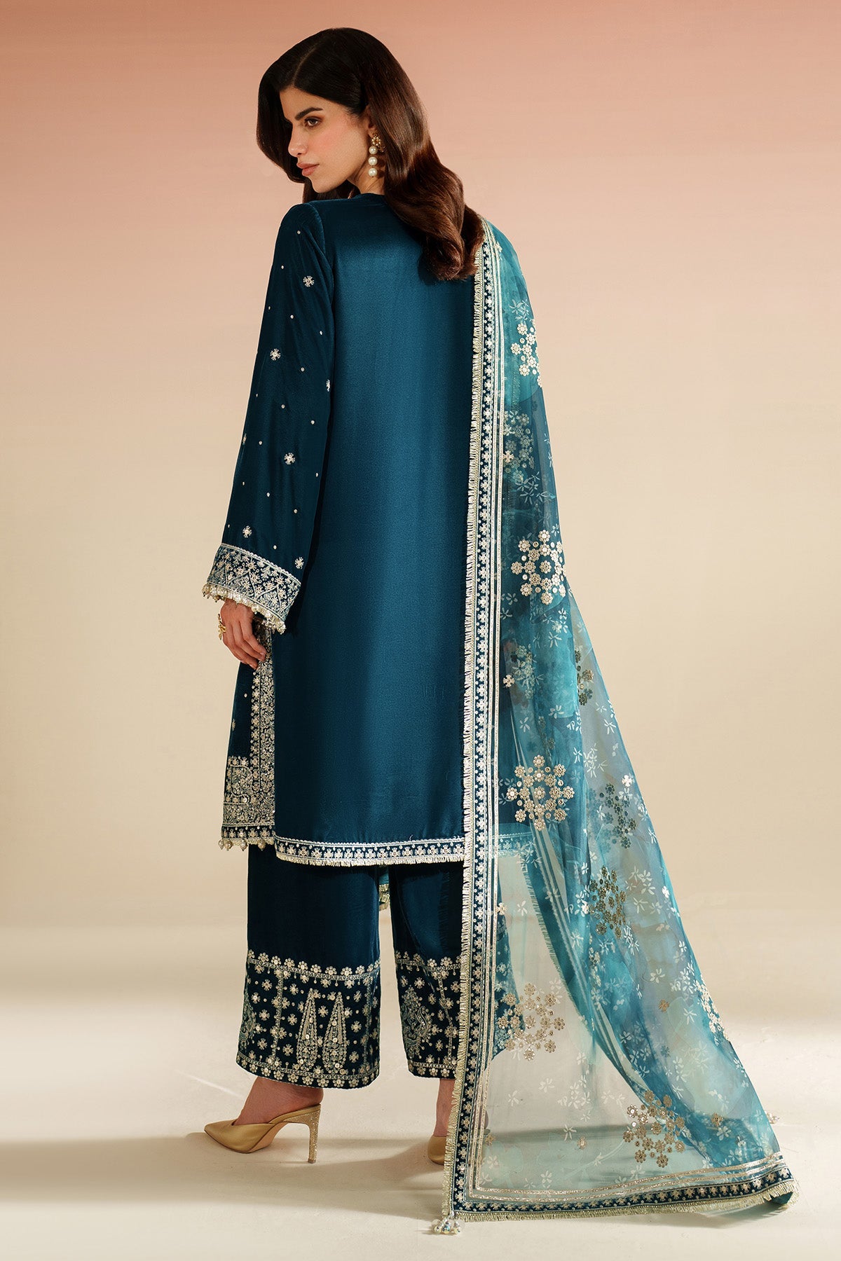 Women Wearing Embroidered Velvet Formal VVF D-2 Teal Long Shirt for Wedding Events - Pakistani Designer Wear for Women in UK | Kifat