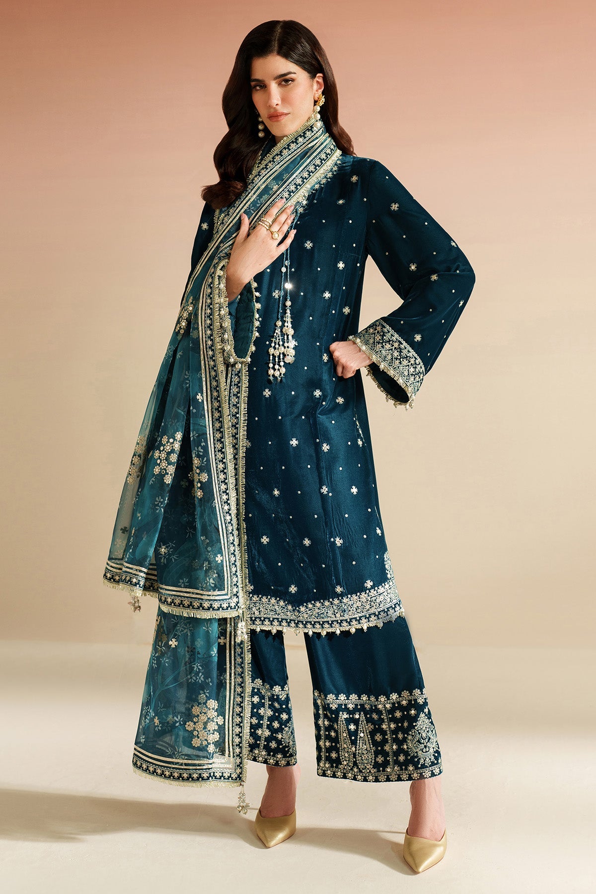 Women Wearing Embroidered Velvet Formal VVF D-2 Teal Long Shirt for Wedding Events - Pakistani Designer Wear for Women in UK | Kifat