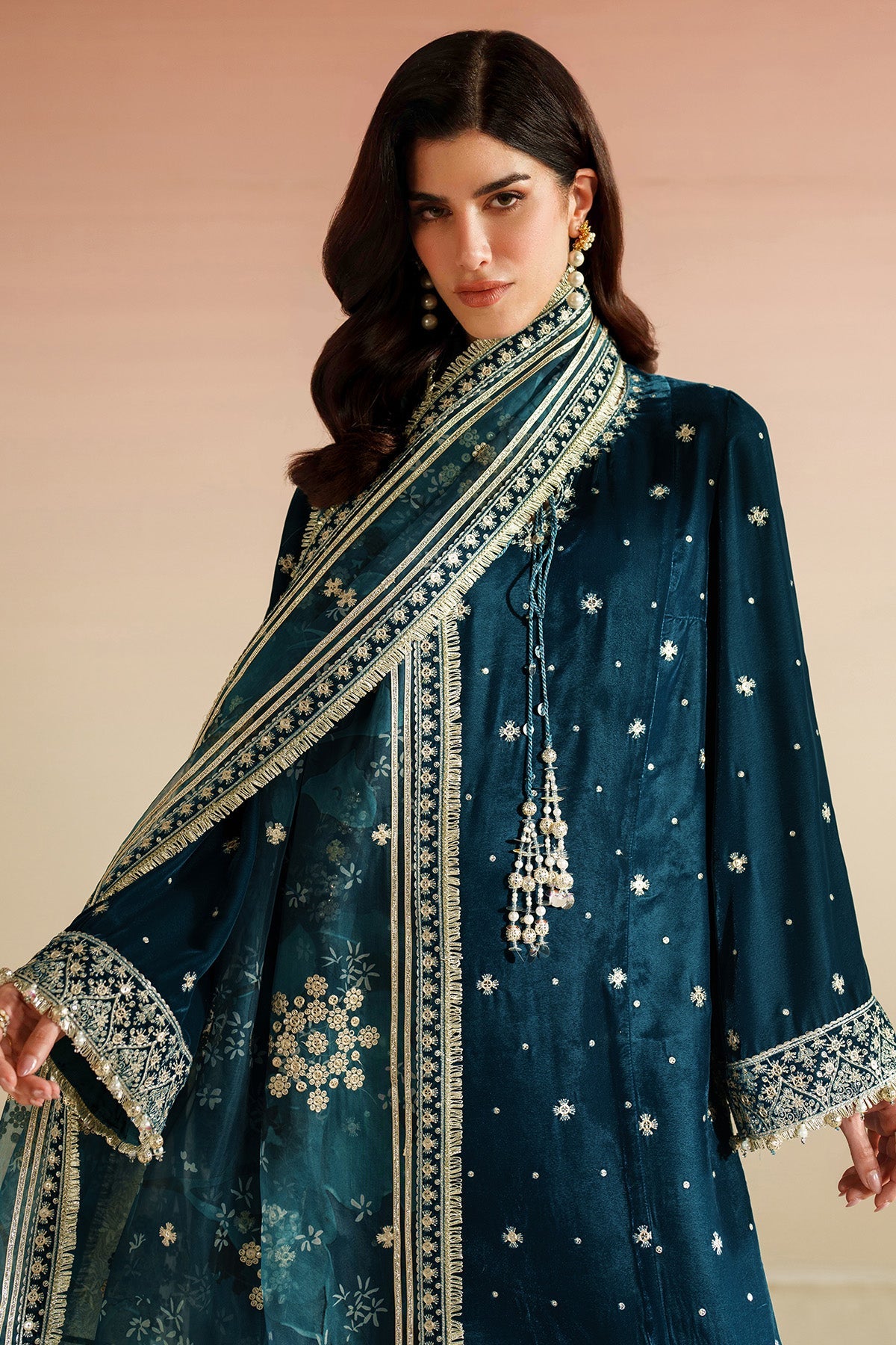 Women Wearing Embroidered Velvet Formal VVF D-2 Teal Long Shirt for Wedding Events - Pakistani Designer Wear for Women in UK | Kifat