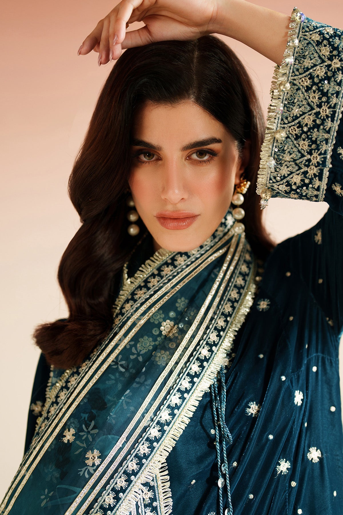 Women Wearing Embroidered Velvet Formal VVF D-2 Teal Long Shirt for Wedding Events - Pakistani Designer Wear for Women in UK | Kifat