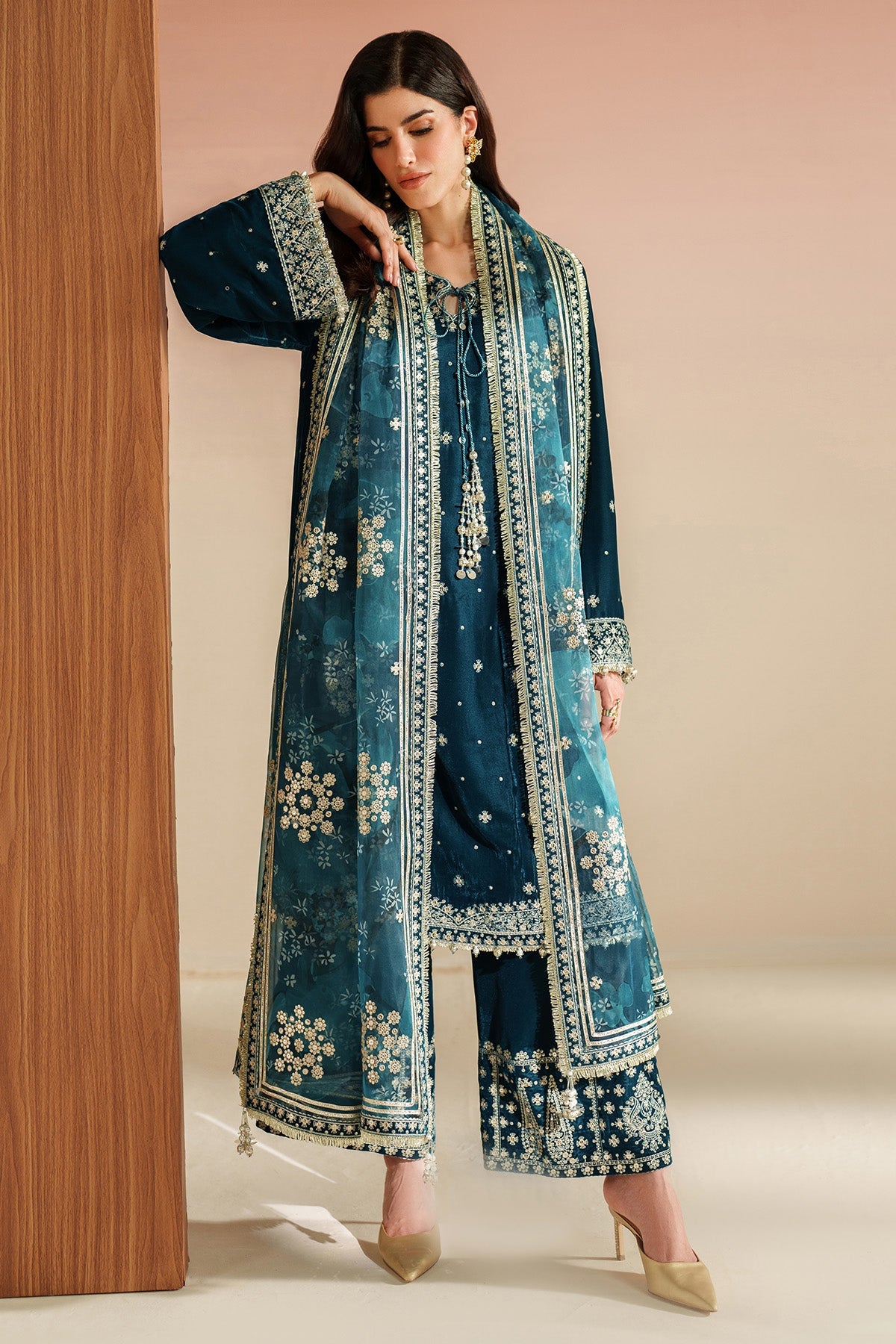 Women Wearing Embroidered Velvet Formal VVF D-2 Teal Long Shirt for Wedding Events - Pakistani Designer Wear for Women in UK | Kifat