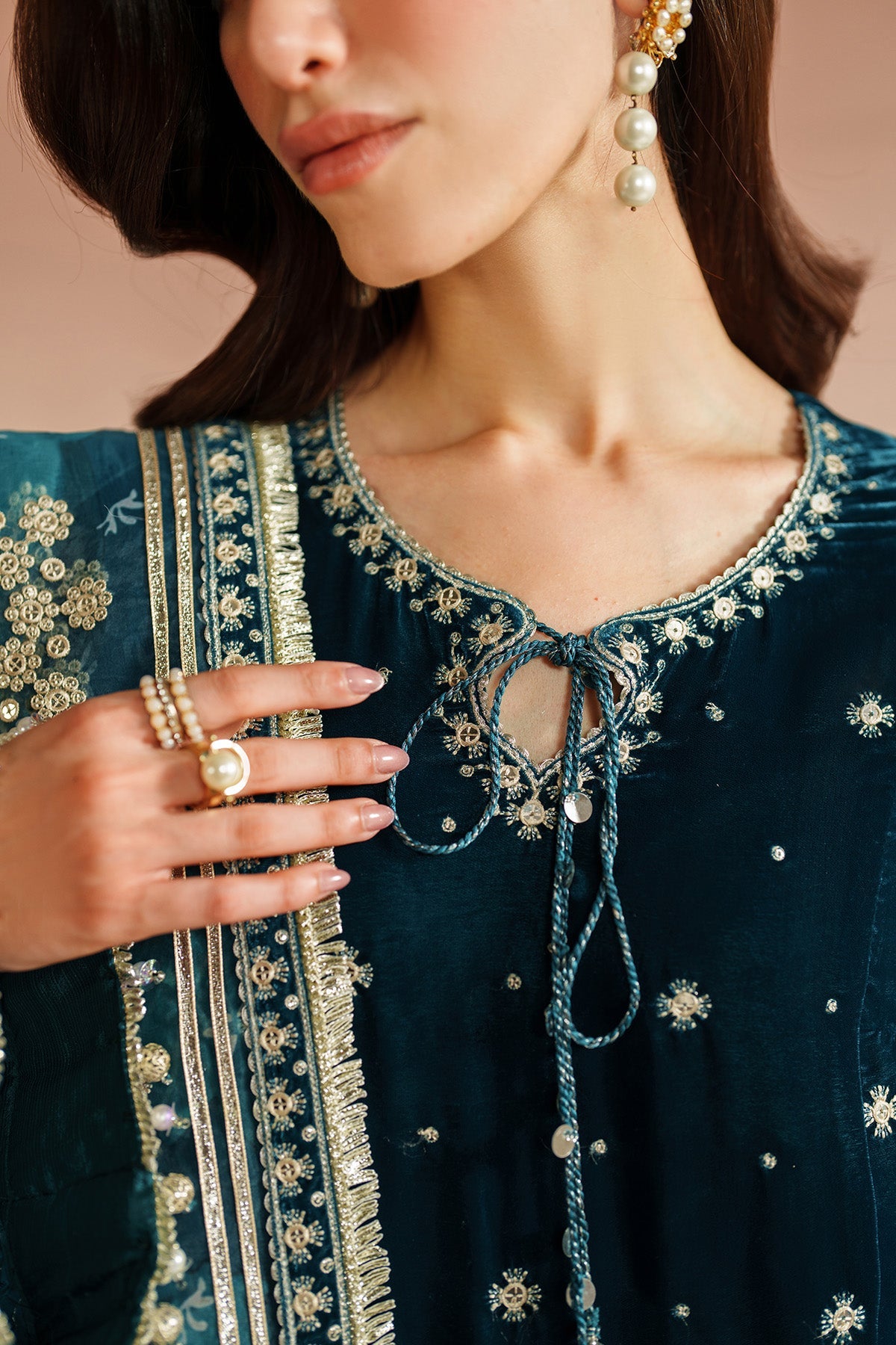 Women Wearing Embroidered Velvet Formal VVF D-2 Teal Long Shirt for Wedding Events - Pakistani Designer Wear for Women in UK | Kifat