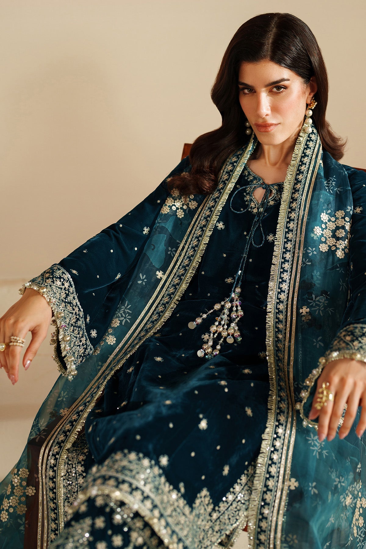 Women Wearing Embroidered Velvet Formal VVF D-2 Teal Long Shirt for Wedding Events - Pakistani Designer Wear for Women in UK | Kifat